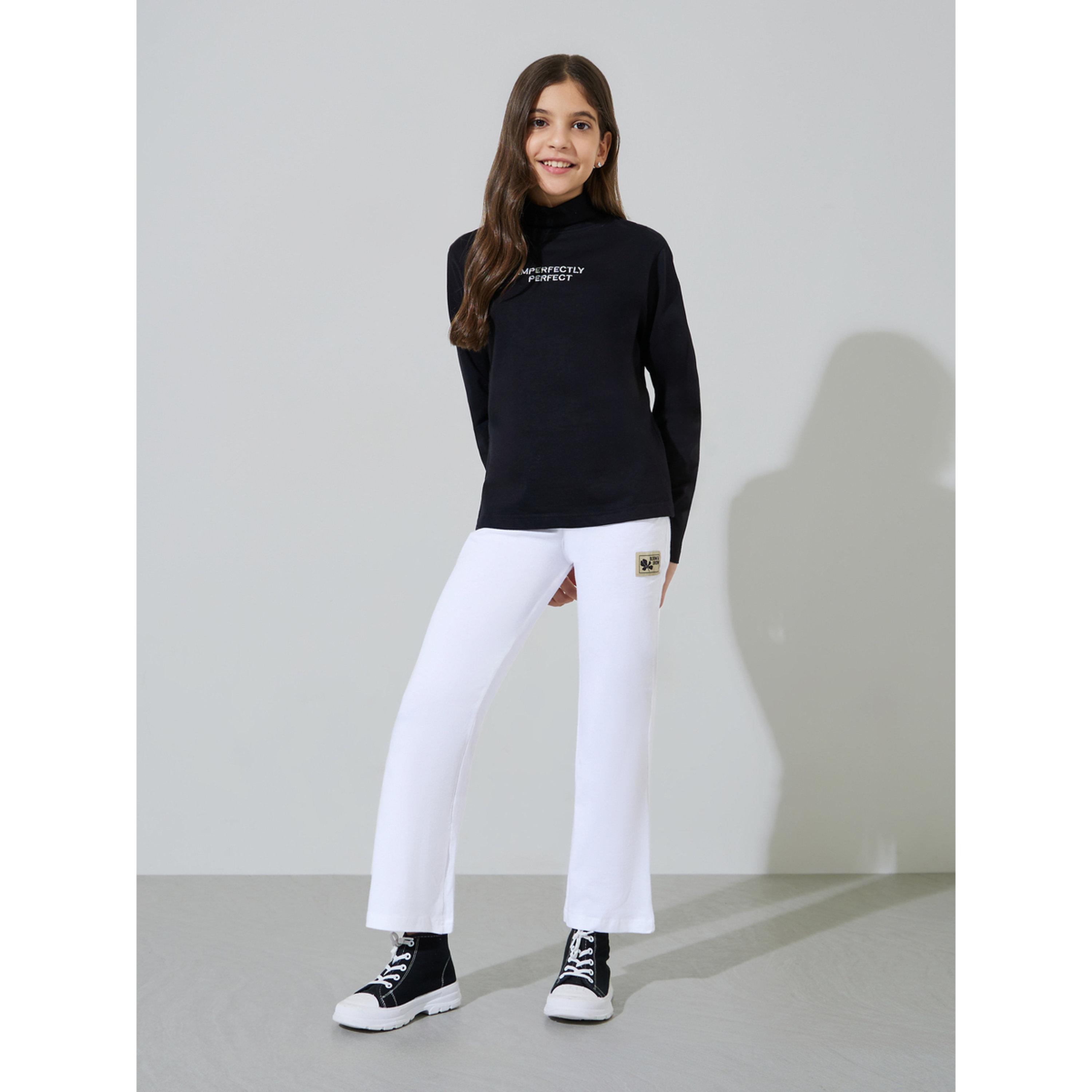 Styli Teen Girls Off White Solid Patchwork Details Flared Leggings-girls-clothing-bottoms-leggings-image-2