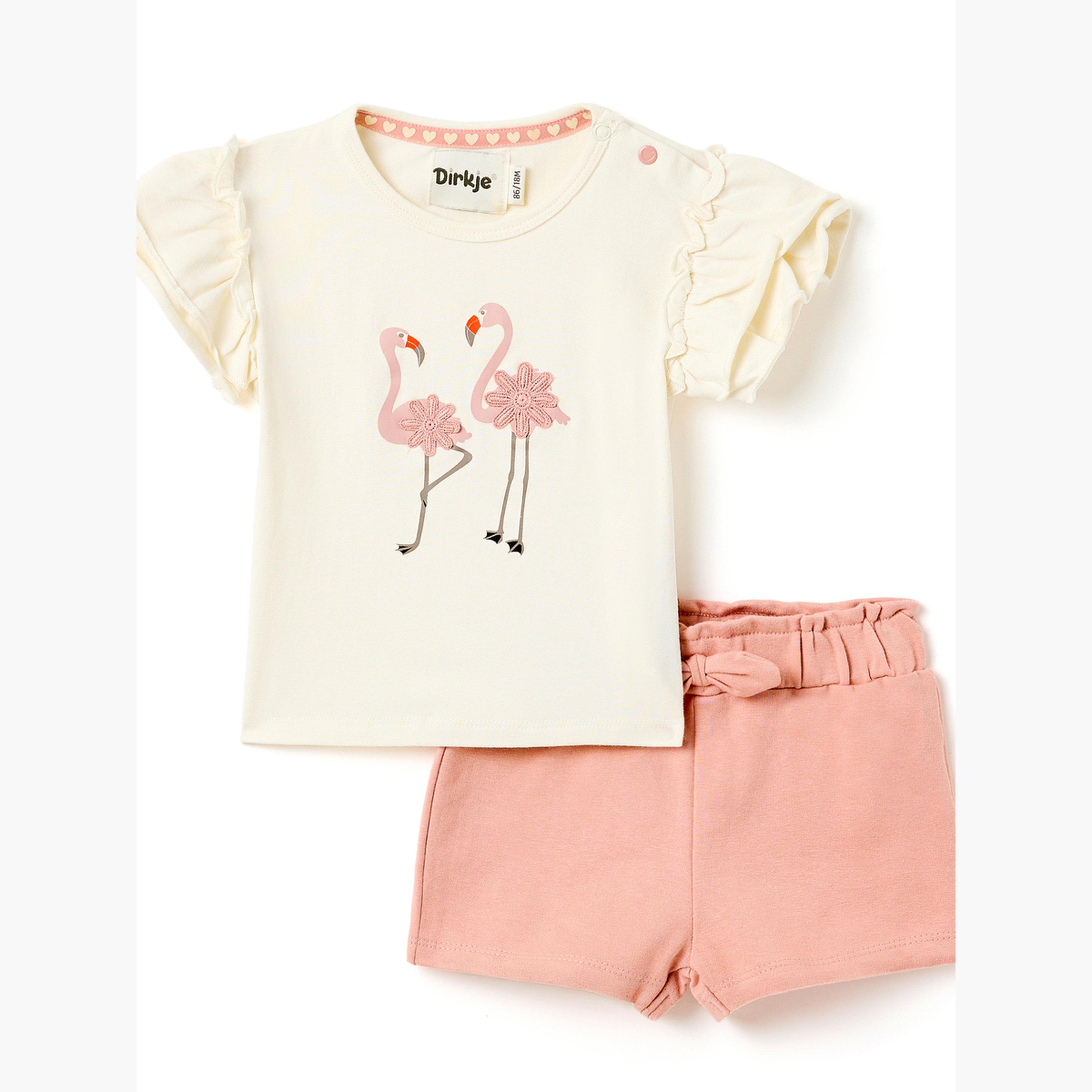 مجموعة من شورت وتيشيرت بأكمام بكشكش وطبعة-girls-clothing-setsandcoords-image-1