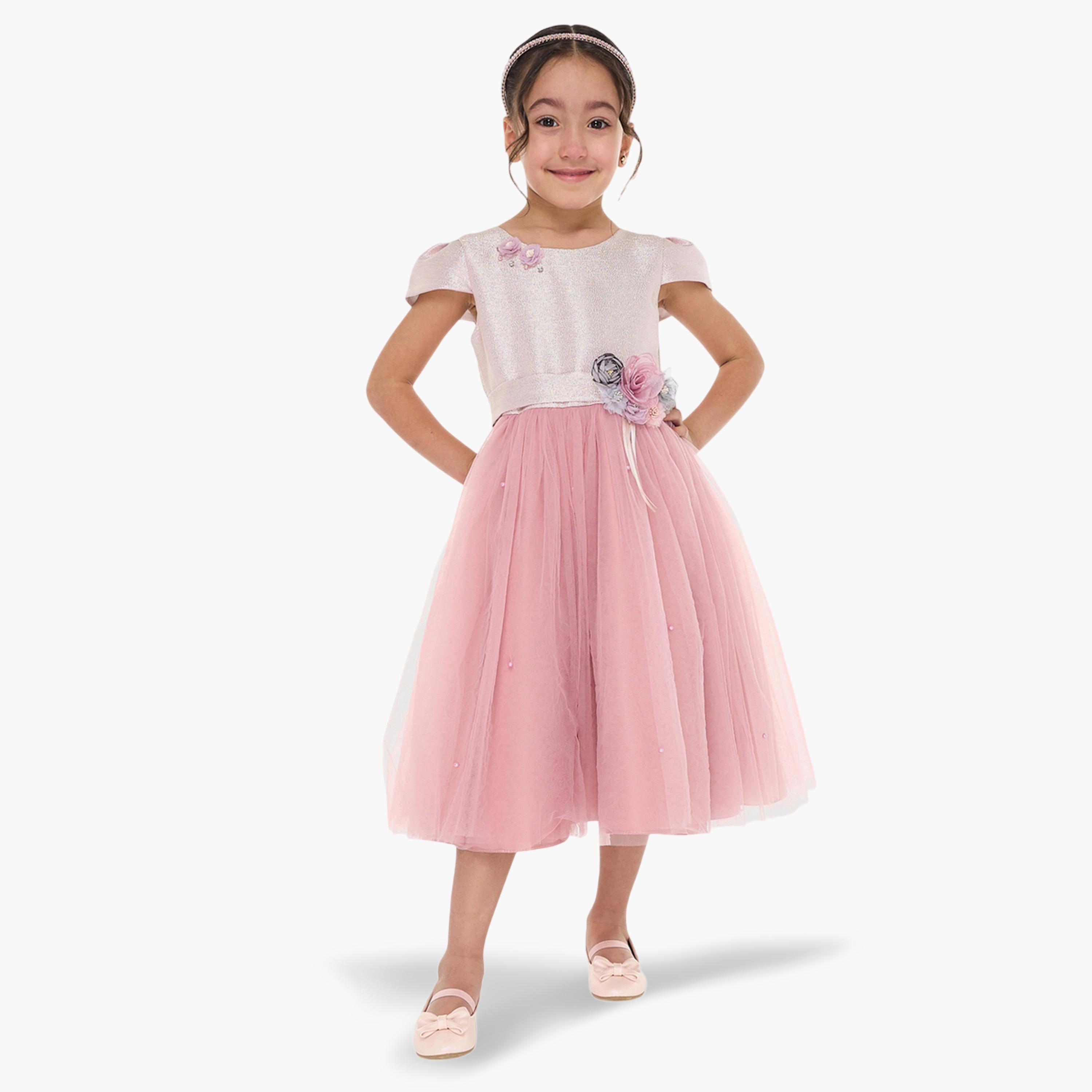 فستان احتفالي بتفاصيل شبكية وزين أزهار للبنات-girls-clothing-dressesandjumpsuits-image-1