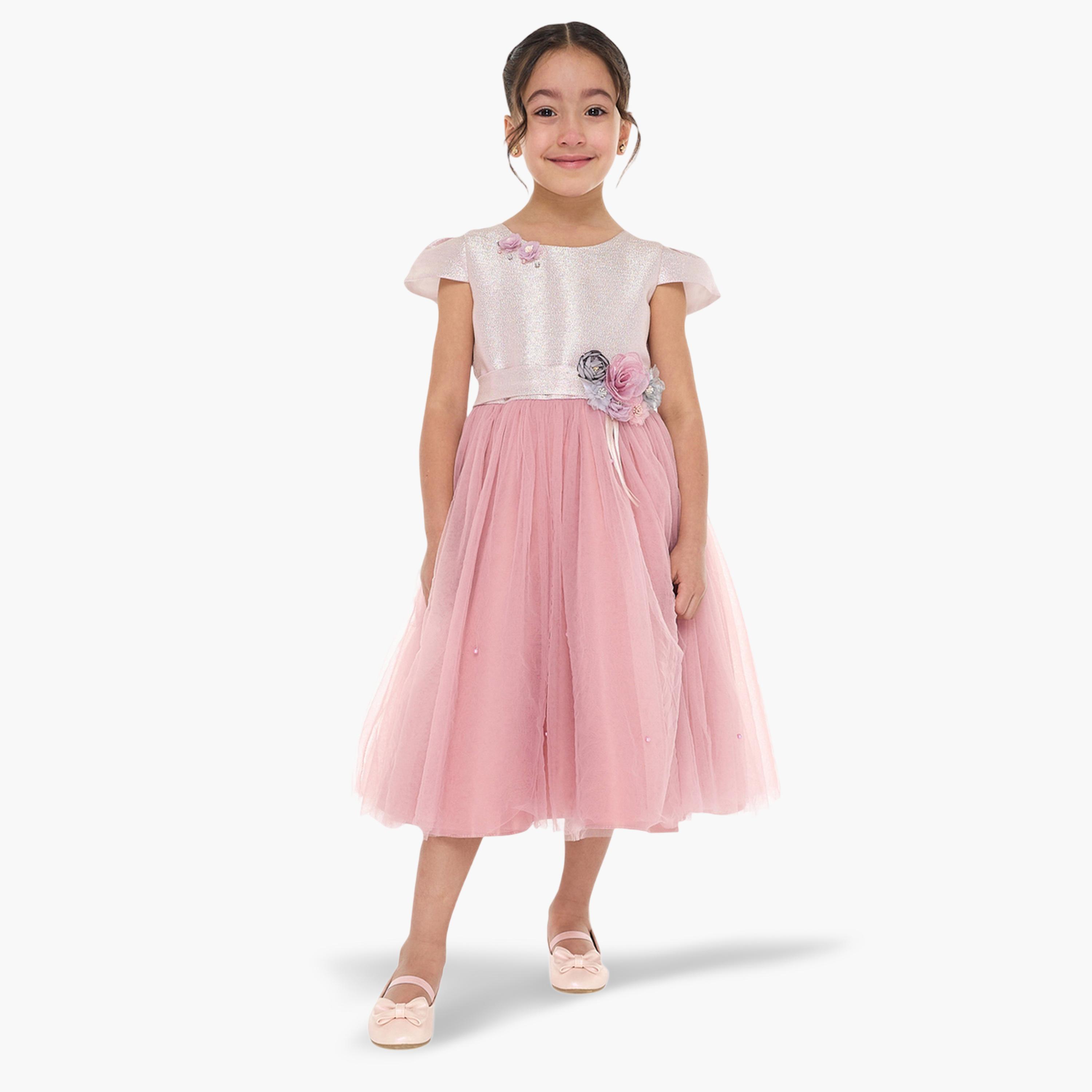 فستان احتفالي بتفاصيل شبكية وزين أزهار للبنات-girls-clothing-dressesandjumpsuits-image-2