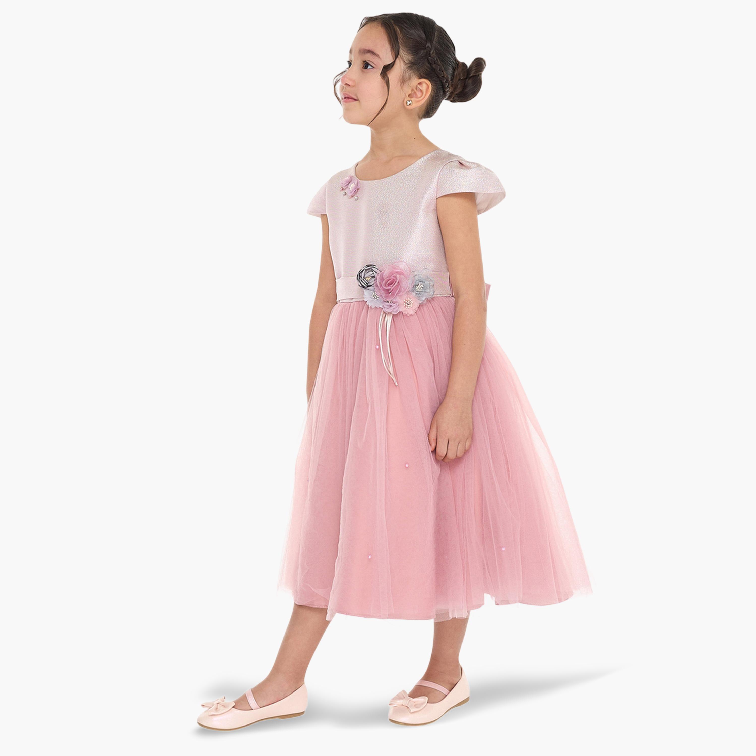 فستان احتفالي بتفاصيل شبكية وزين أزهار للبنات-girls-clothing-dressesandjumpsuits-image-3