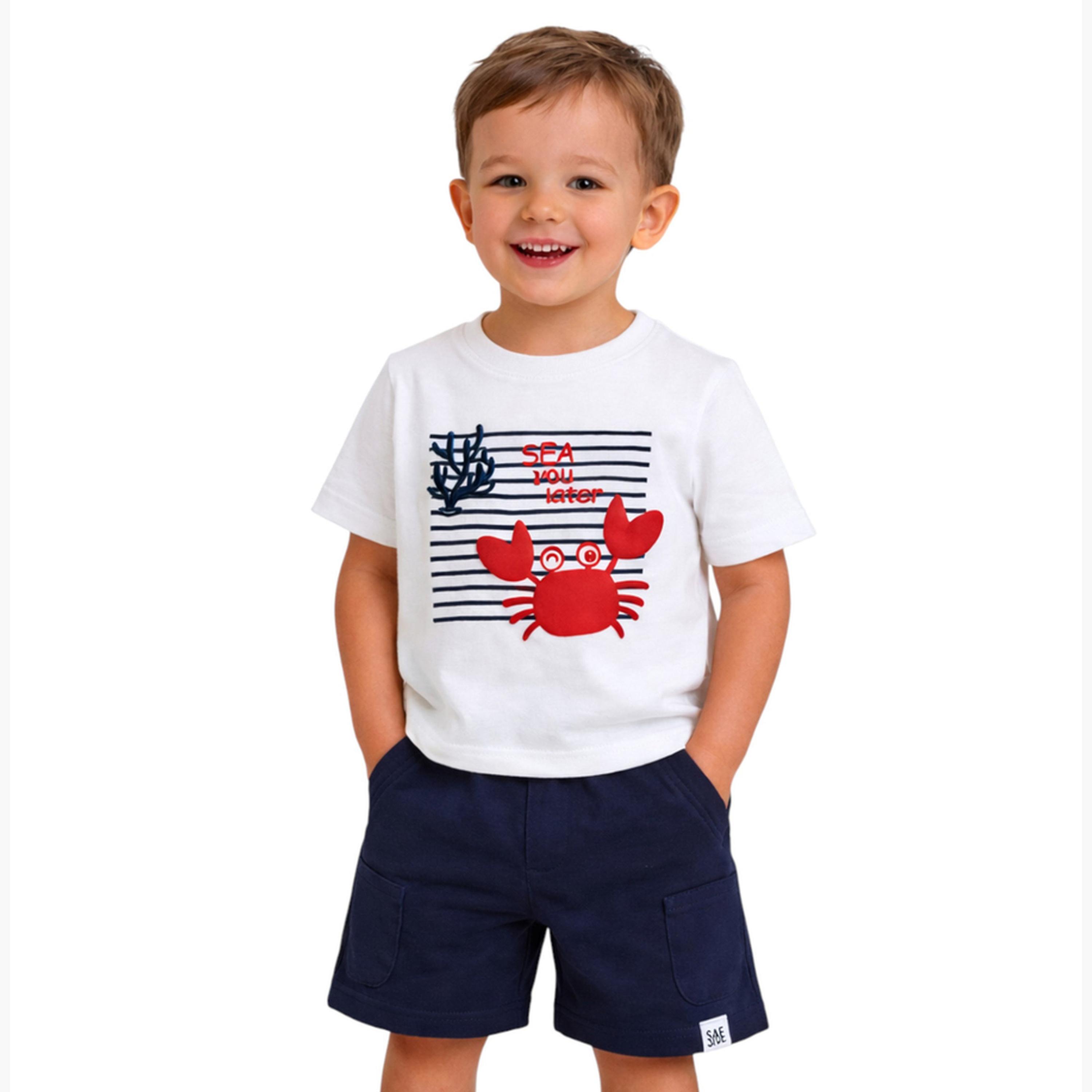 مجموعة من شورت وتيشيرت بياقة دائرية بطبعة-boys-clothing-setsandcoords-image-1