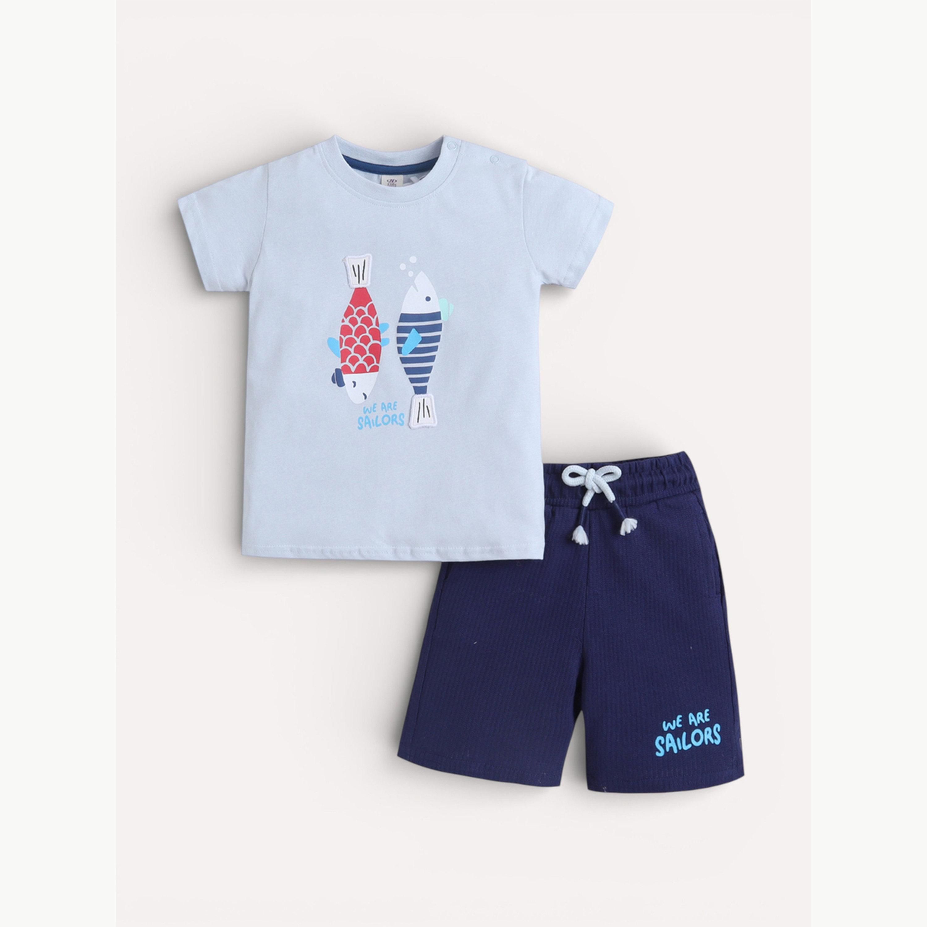 مجموعة من شورت وتيشيرت بطبعة جرافيك سمكة للأولاد الرضع-boys-clothing-setsandcoords-image-1
