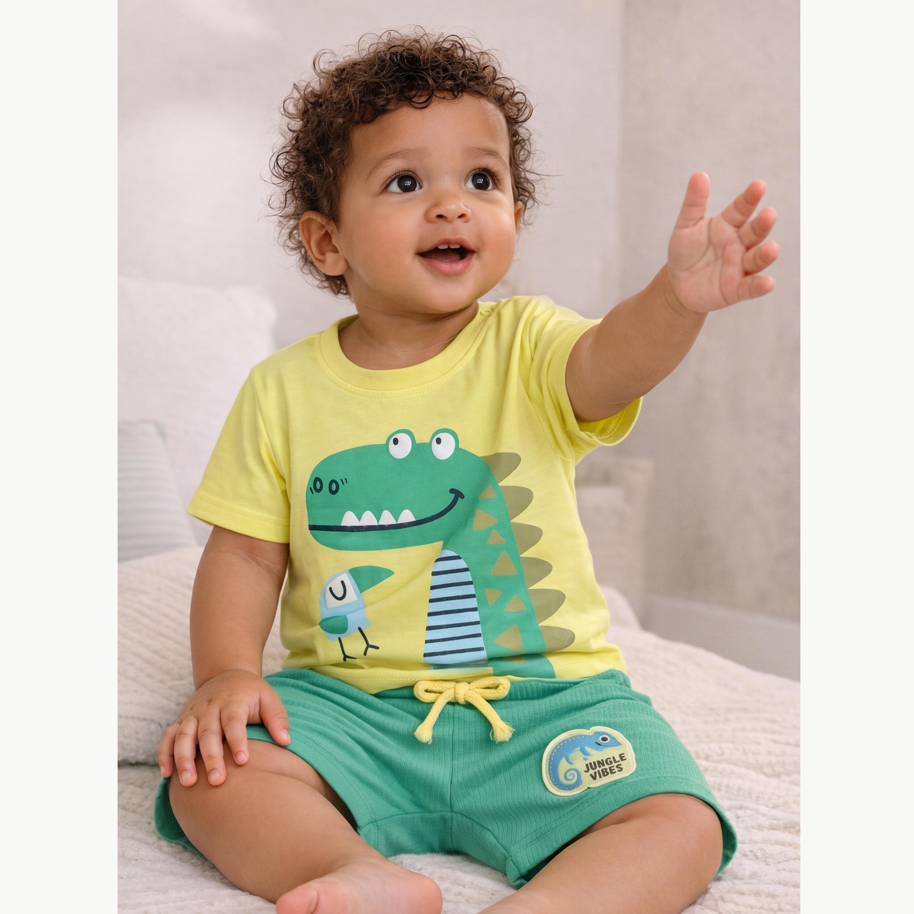 Victor and Jane X Styli Baby Boys Dino Graphic T-Shirt and Shorts Set-boys-clothing-setsandcoords-image-2