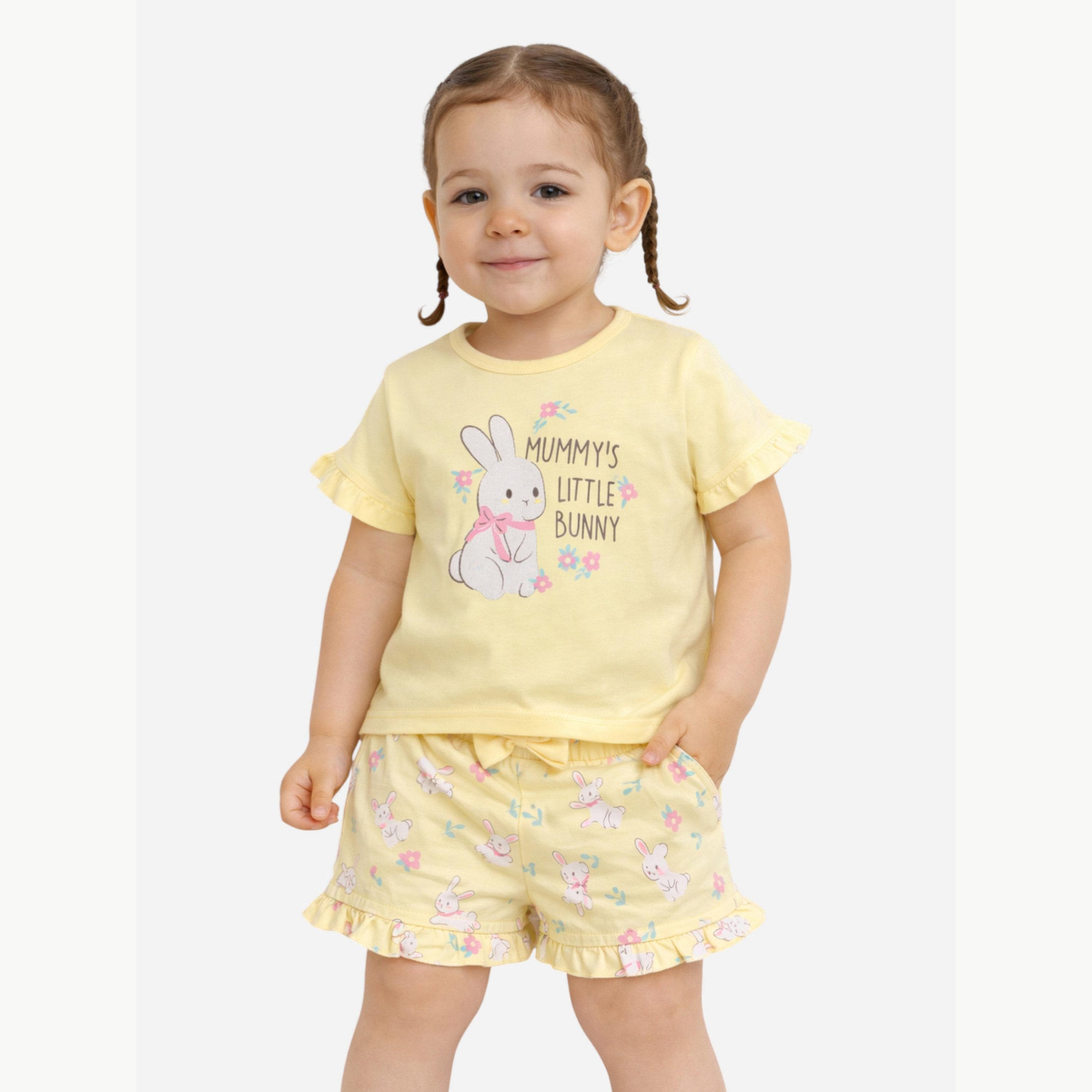 مجموعة من شورت بكشكش بنمط زهور وتيشيرت بطبعة جرافيك أرنب للبنات الرضع-girls-clothing-setsandcoords-image-1