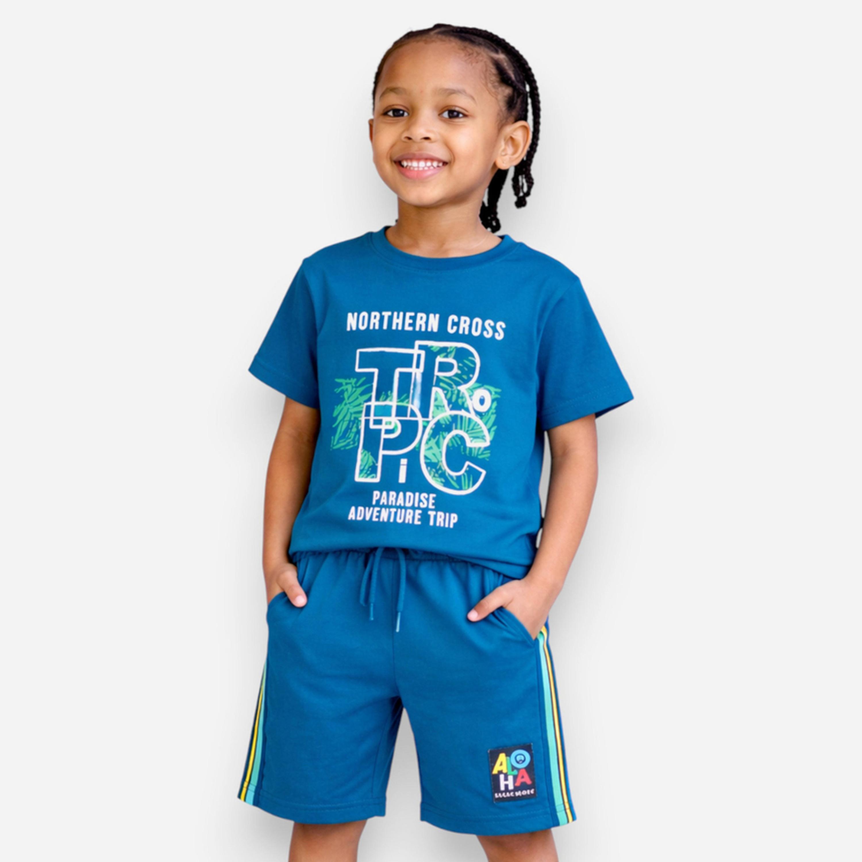 مجموعة من شورت وتيشيرت قطن بطبعة جرافيك للأولاد-boys-clothing-setsandcoords-image-1