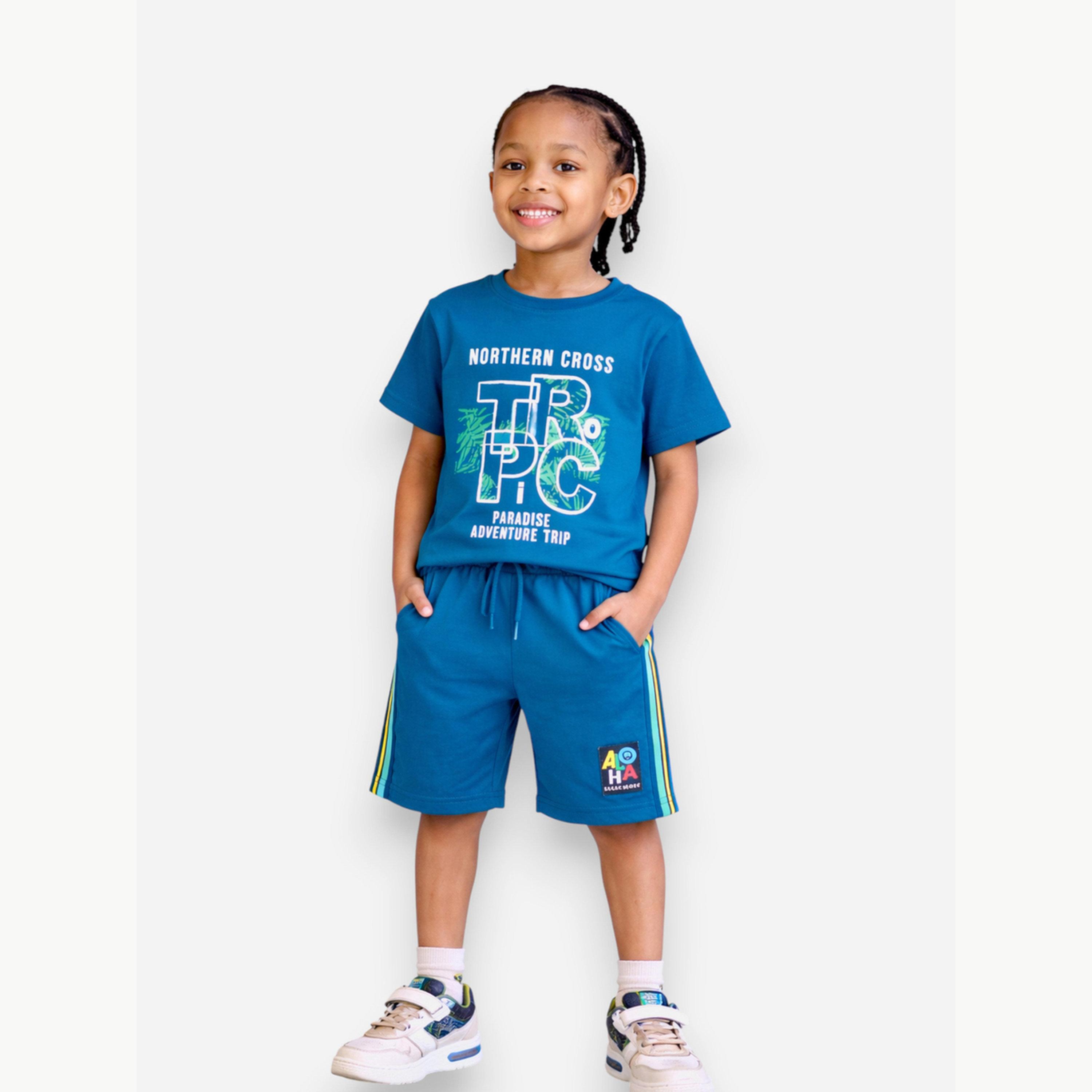 مجموعة من شورت وتيشيرت قطن بطبعة جرافيك للأولاد-boys-clothing-setsandcoords-image-2
