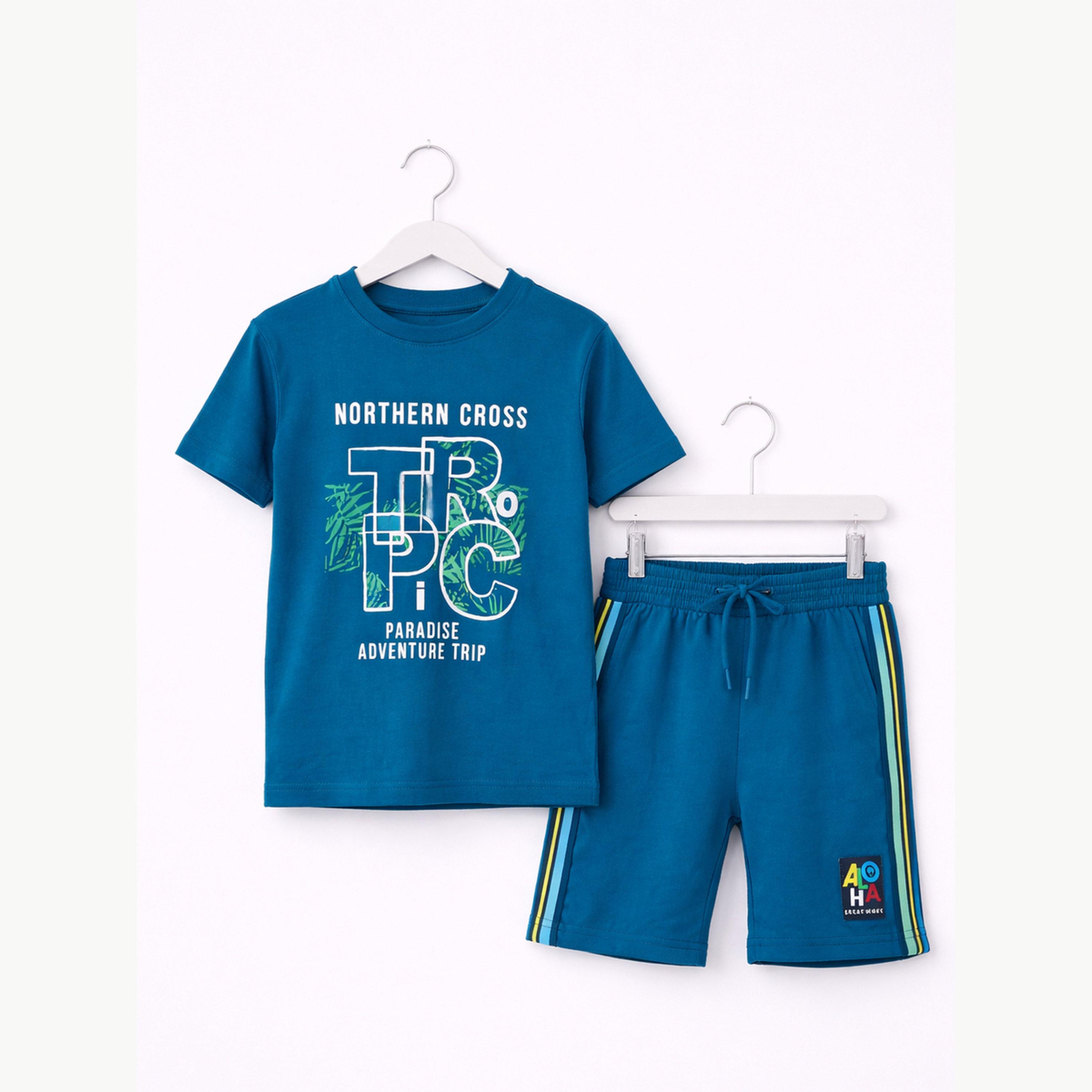 مجموعة من شورت وتيشيرت قطن بطبعة جرافيك للأولاد-boys-clothing-setsandcoords-image-6