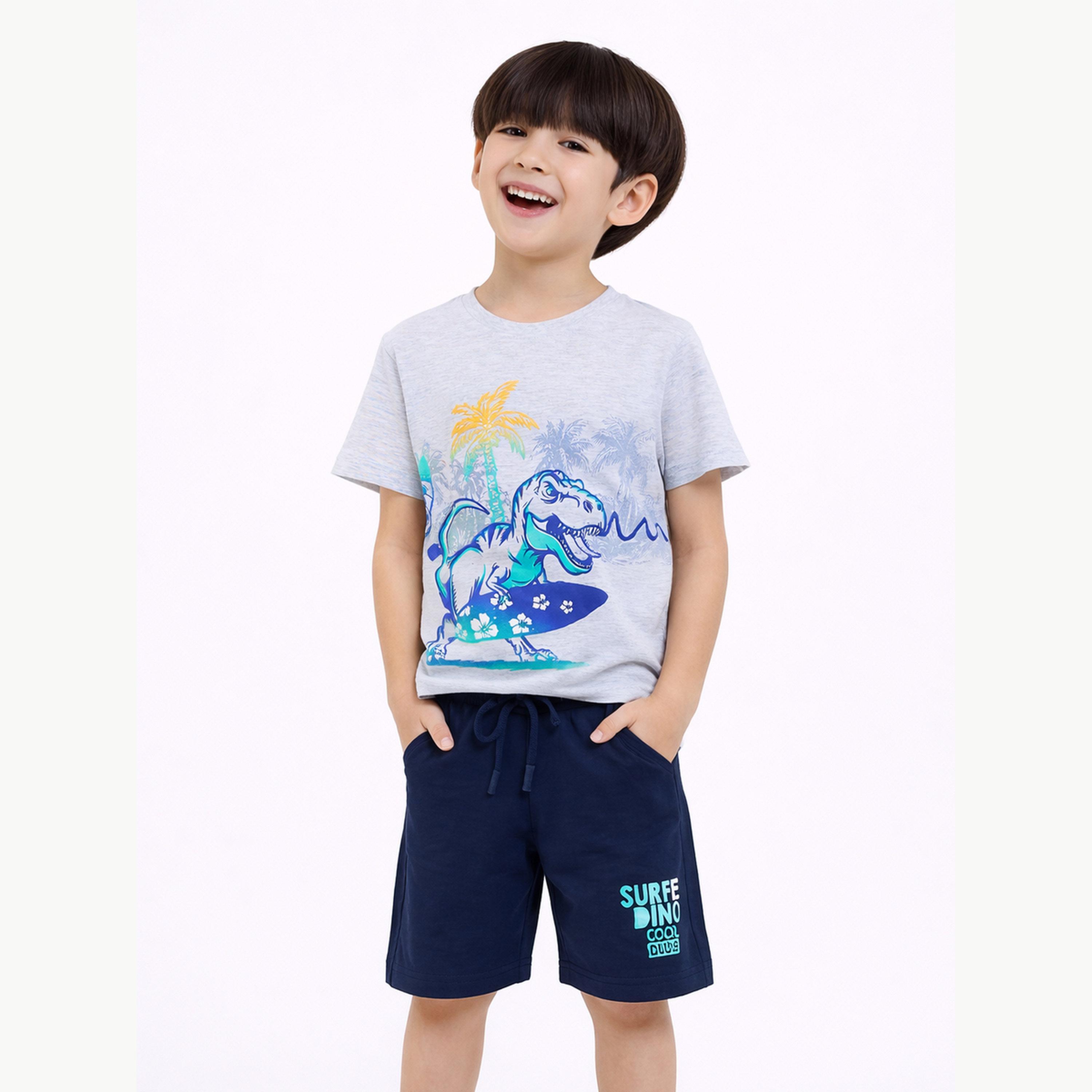 مجموعة من شورت وتيشيرت بطبعة ديناصور راكب أمواج للأولاد-boys-clothing-setsandcoords-image-1
