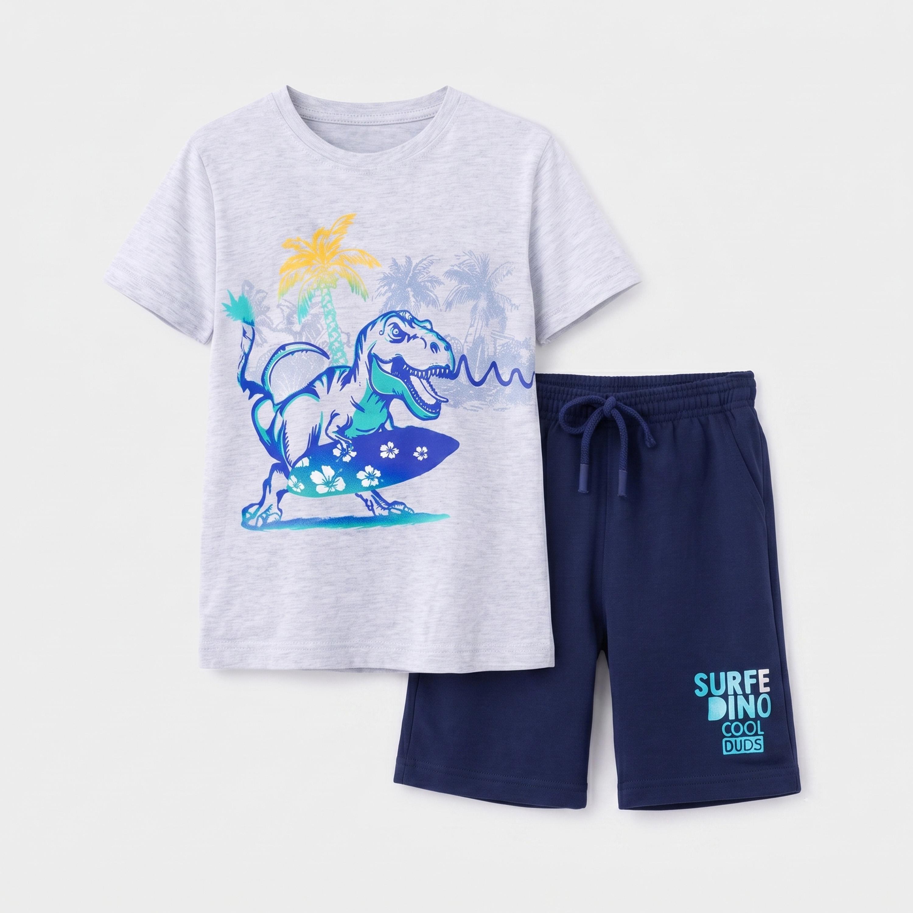 مجموعة من شورت وتيشيرت بطبعة ديناصور راكب أمواج للأولاد-boys-clothing-setsandcoords-image-2
