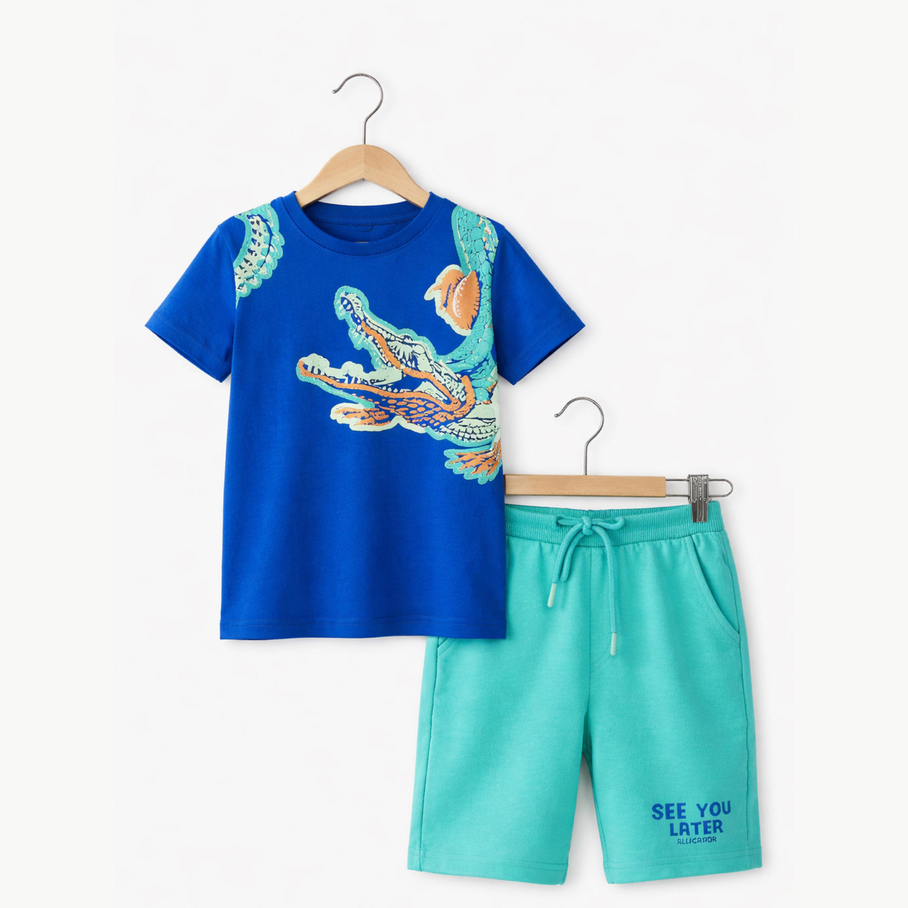 مجموعة من شورت وتيشيرت بطبعة جرافيك تمساح للأولاد-boys-clothing-setsandcoords-image-7