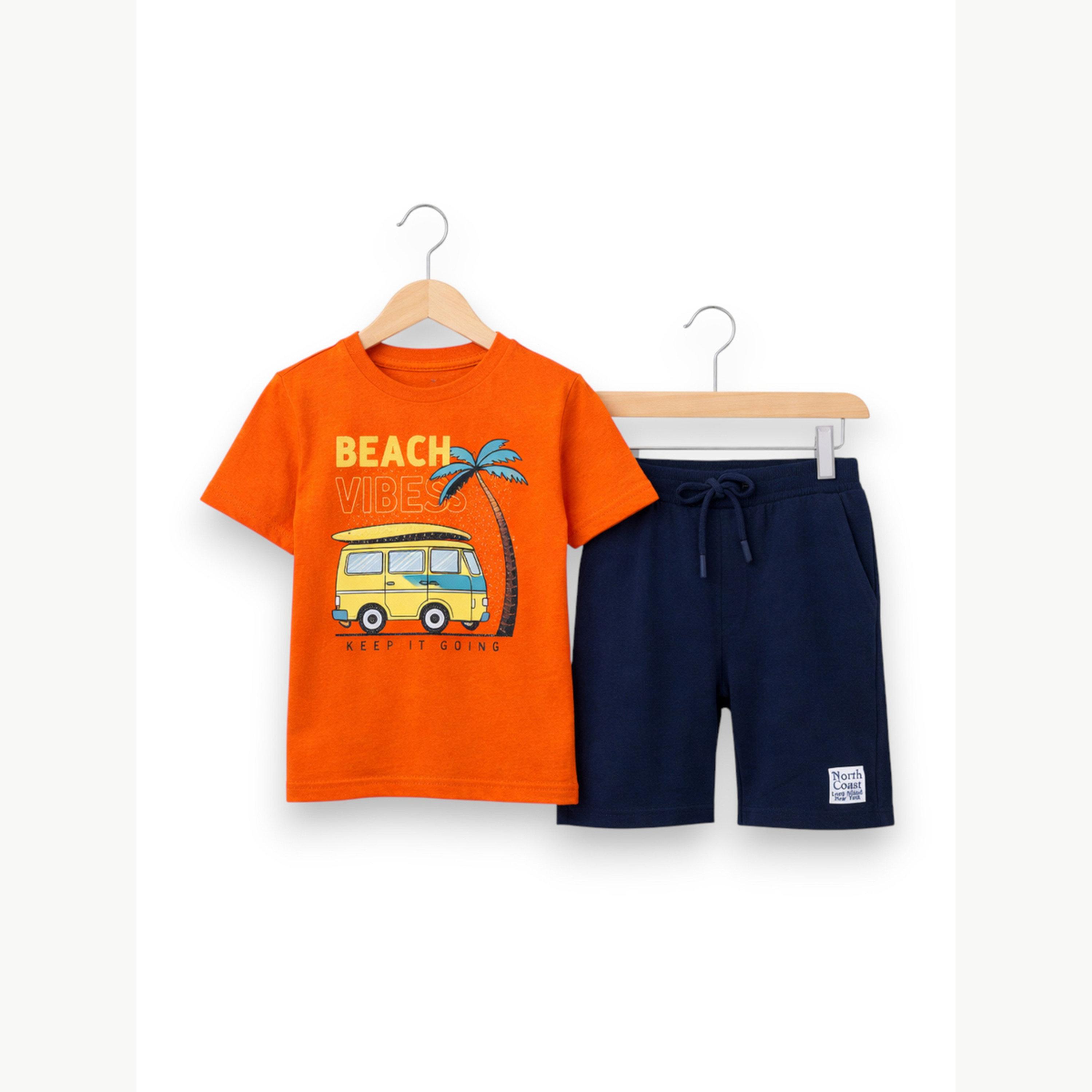 مجموعة من شورت وتيشيرت قطن بطبعة جرافيك للأولاد-boys-clothing-setsandcoords-image-4