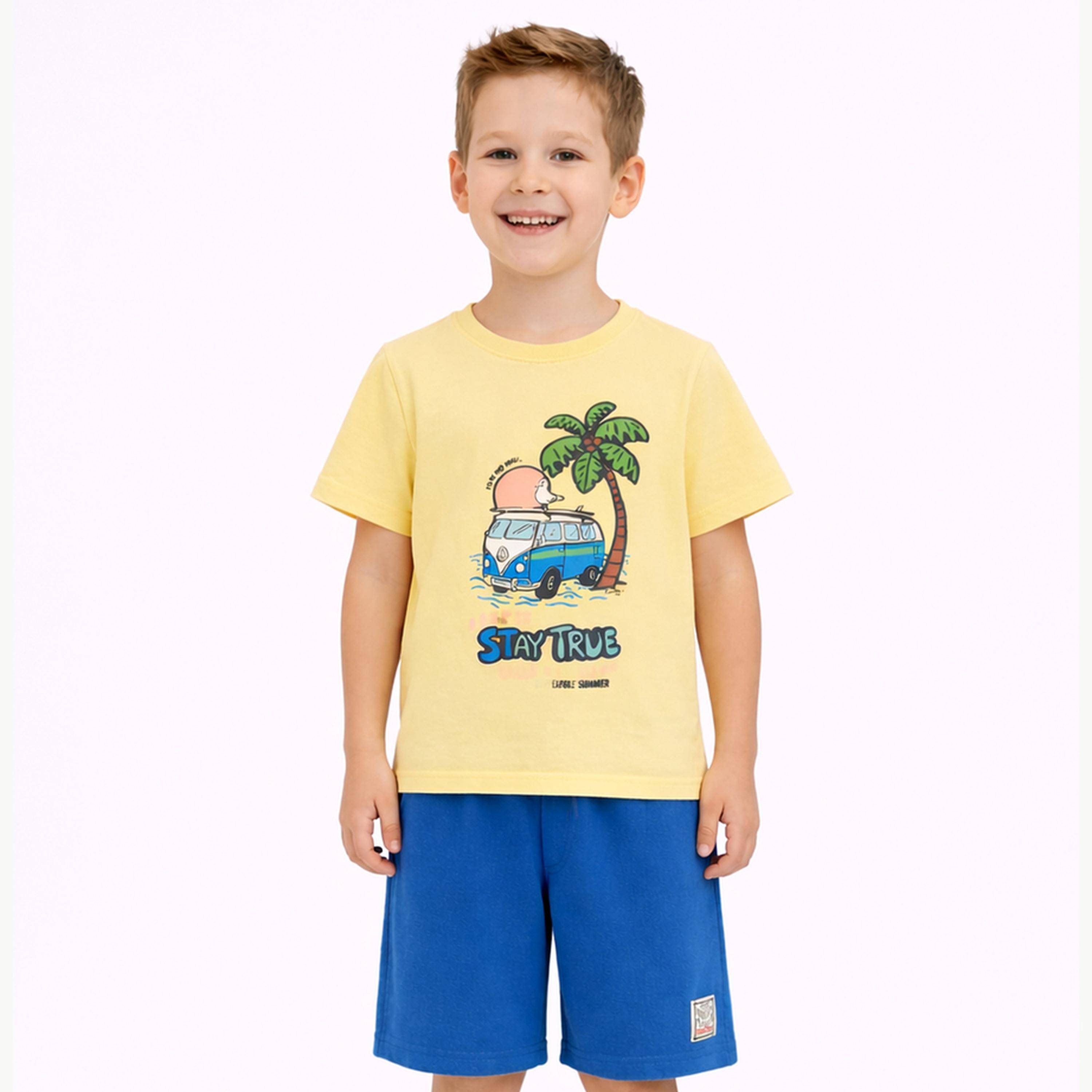 مجموعة من شورت وتيشيرت قطن بطبعة جرافيك للأولاد-boys-clothing-setsandcoords-image-1