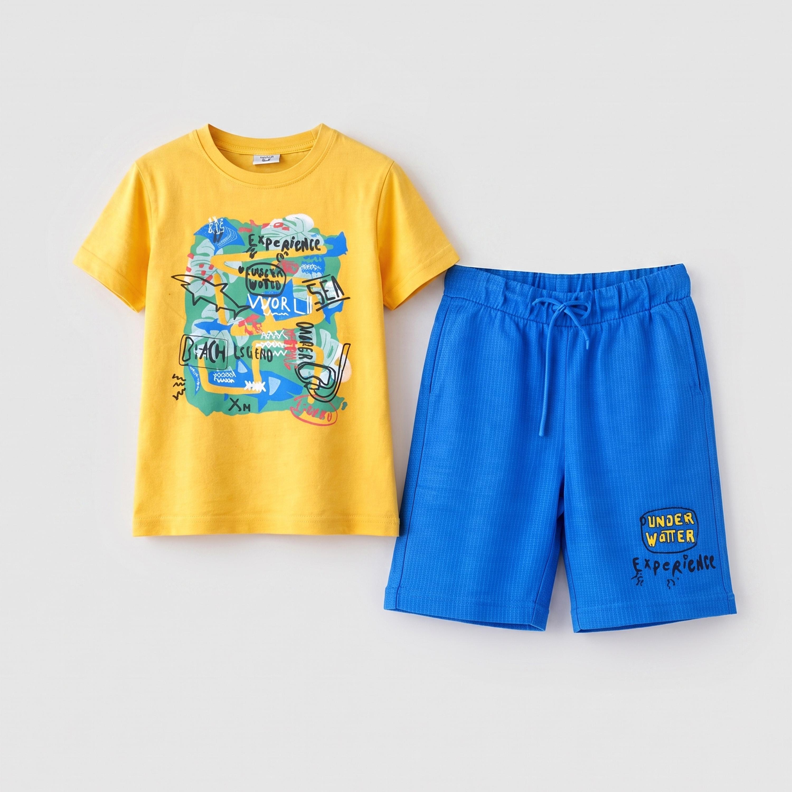 مجموعة من شورت وتيشيرت قطن بطبعة جرافيك للأولاد-boys-clothing-setsandcoords-image-1