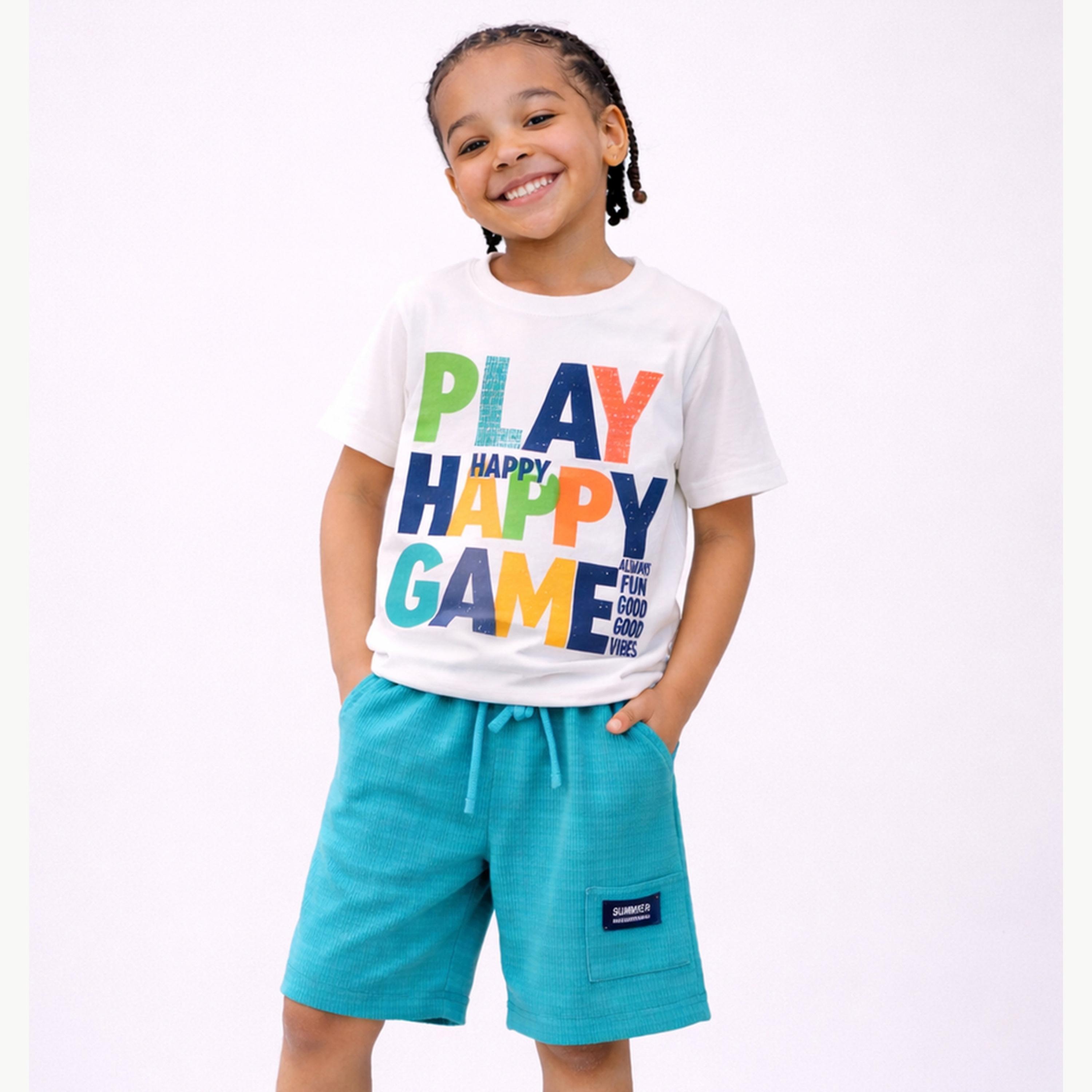 مجموعة من شورت بتفاصيل بارزة الملمس وتيشيرت بطبعة كتابة للأولاد-boys-clothing-setsandcoords-image-1