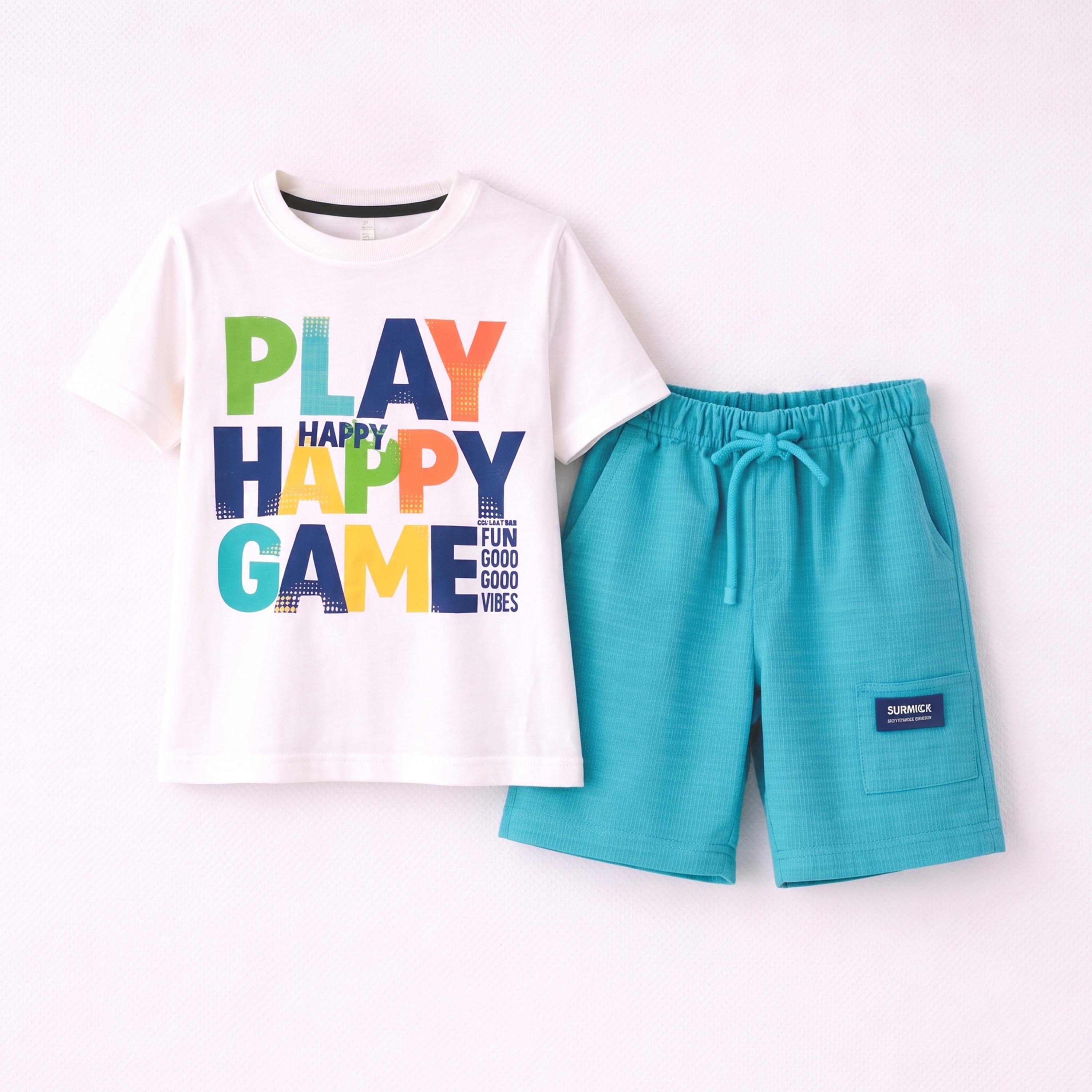 مجموعة من شورت بتفاصيل بارزة الملمس وتيشيرت بطبعة كتابة للأولاد-boys-clothing-setsandcoords-image-3