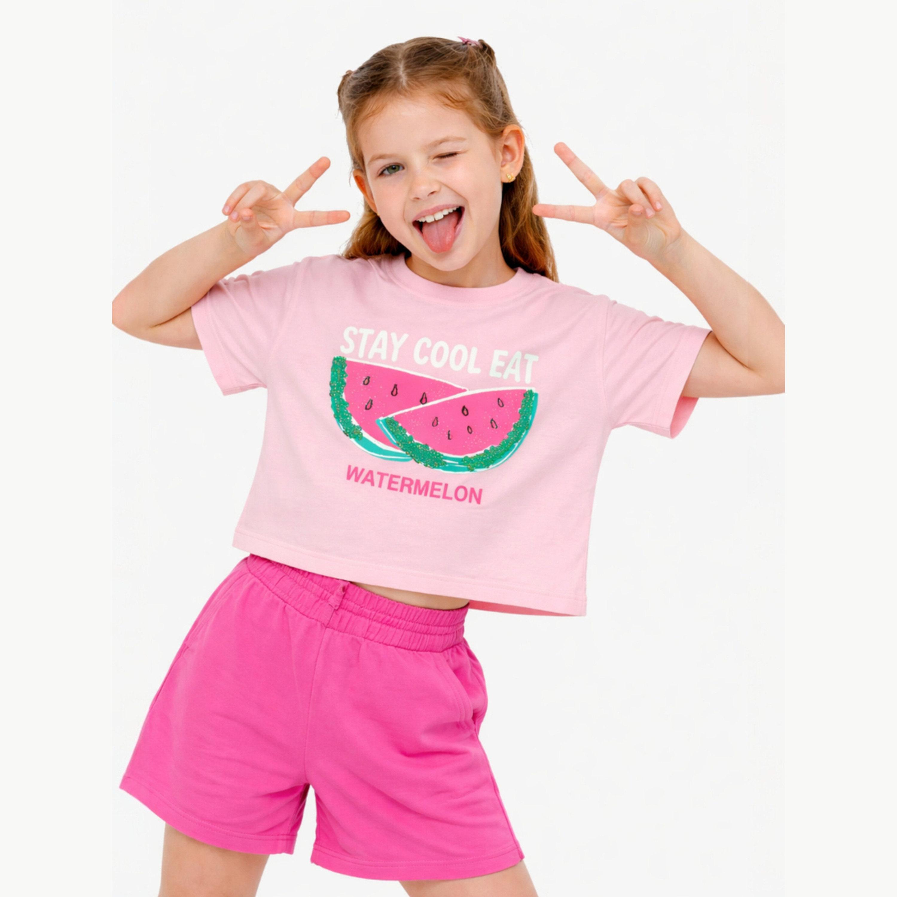 مجموعة من شورت وتيشيرت بطبعة البطيخ للبنات-girls-clothing-setsandcoords-image-1