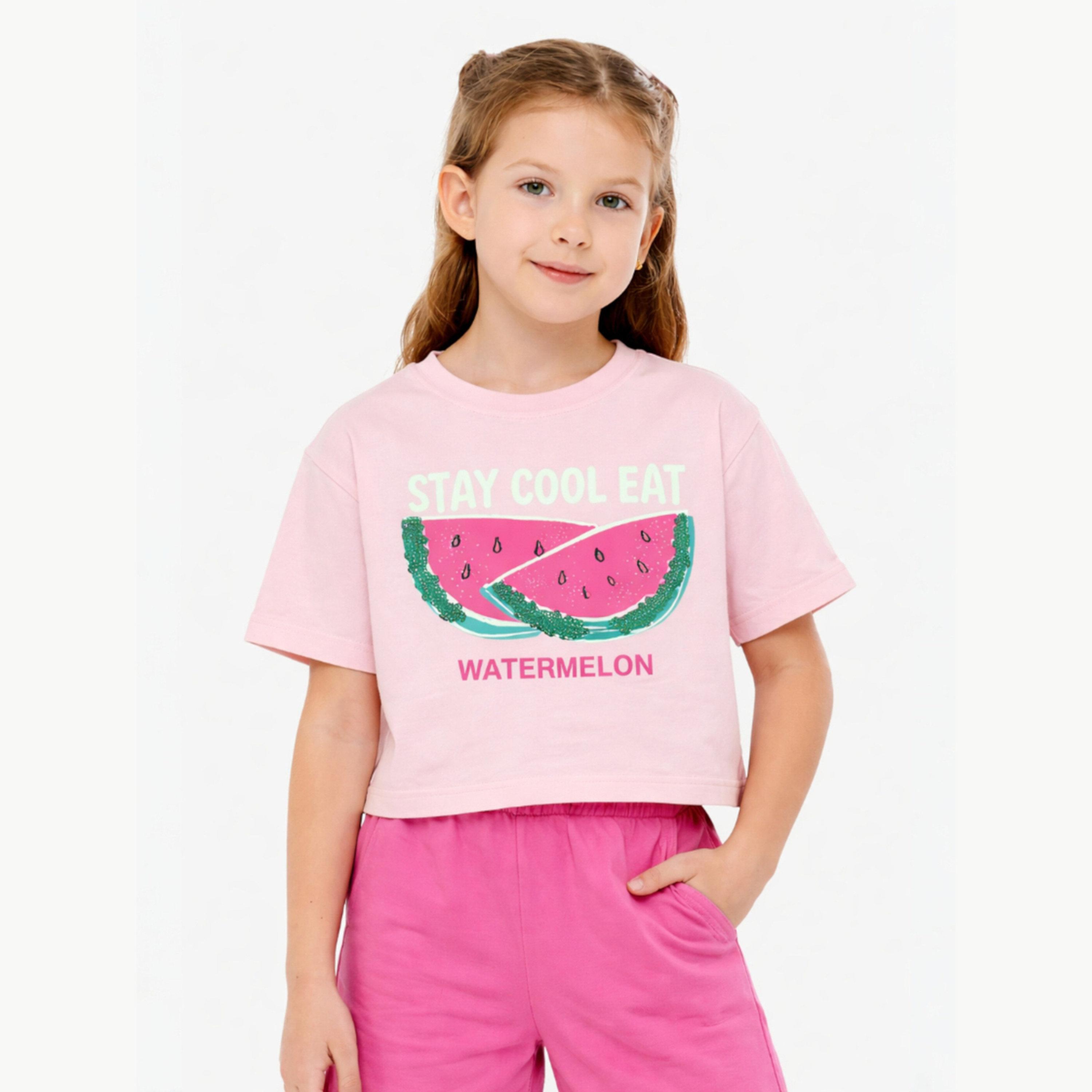 مجموعة من شورت وتيشيرت بطبعة البطيخ للبنات-girls-clothing-setsandcoords-image-3