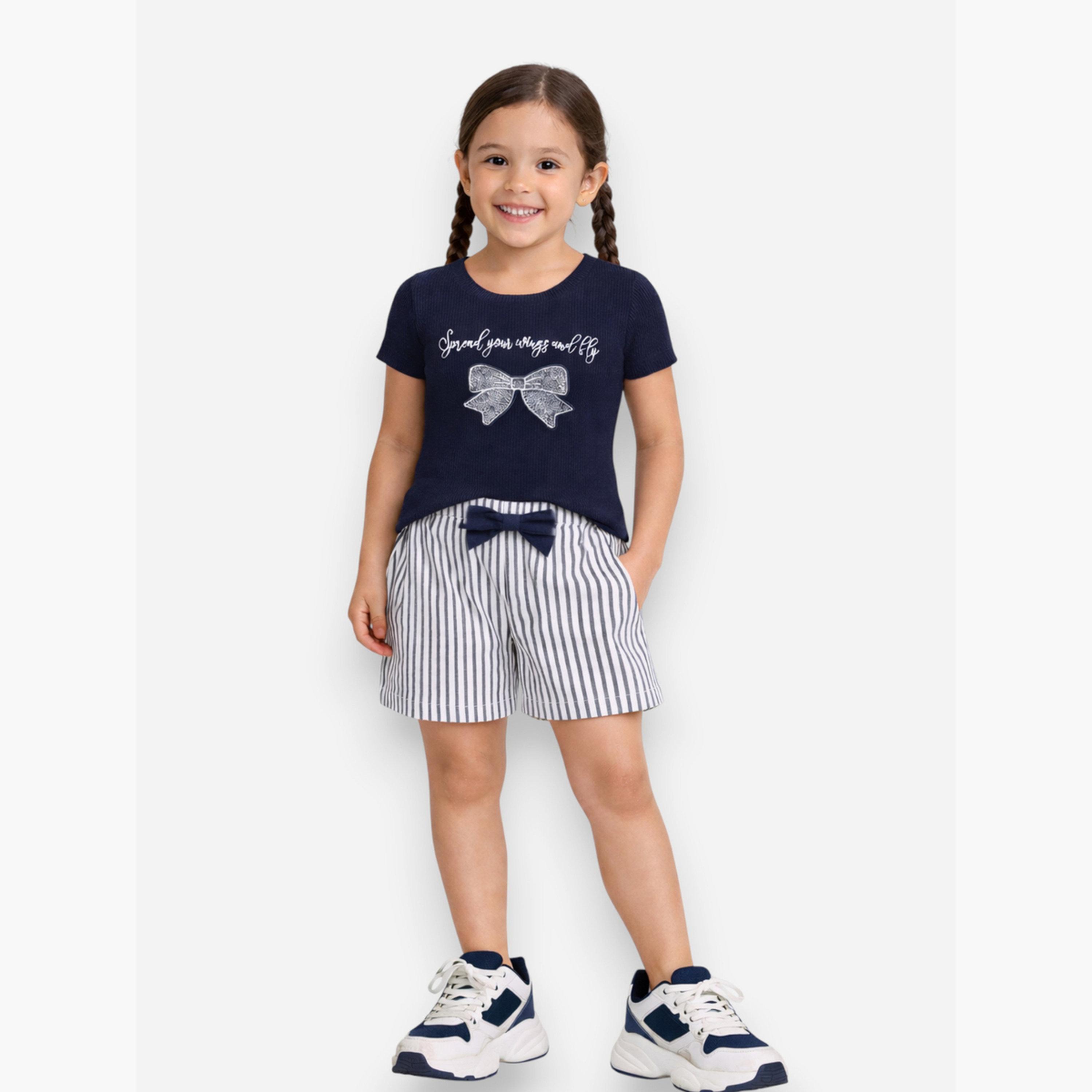 مجموعة من شورت مخطط وتيشيرت بطبعة فيونكة-girls-clothing-setsandcoords-image-2