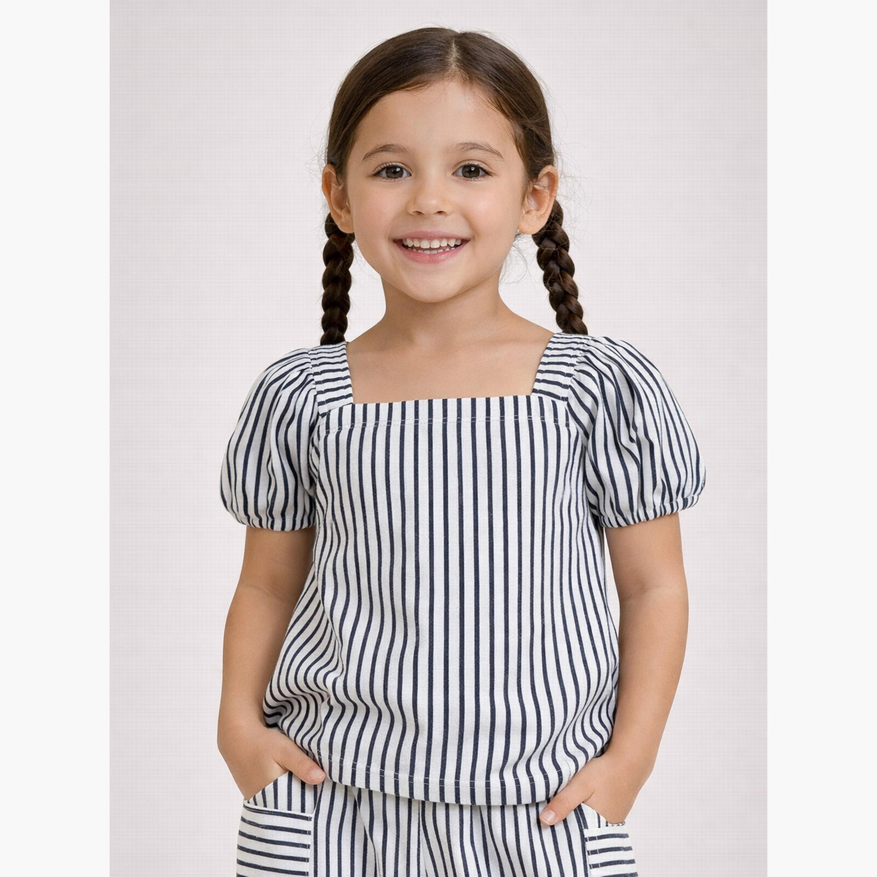 مجموعة من بنطال بأرجل واسعة وبلوزة بأكمام منفوخة ومخططة-girls-clothing-setsandcoords-image-2