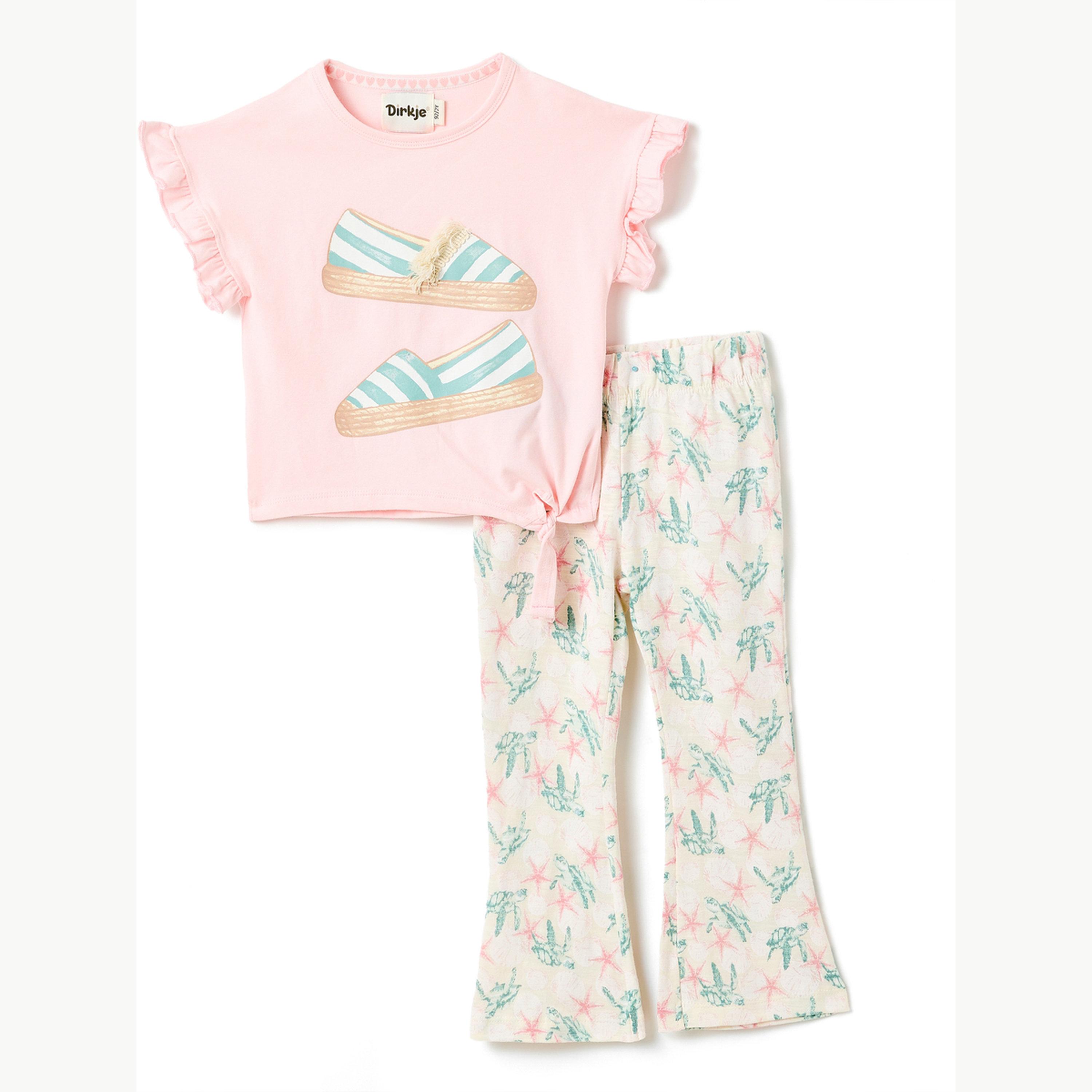 مجموعة من ليقنز بقصة واسعة وتيشيرت مطبع بأكمام بكشكش للبنات-girls-clothing-setsandcoords-image-1
