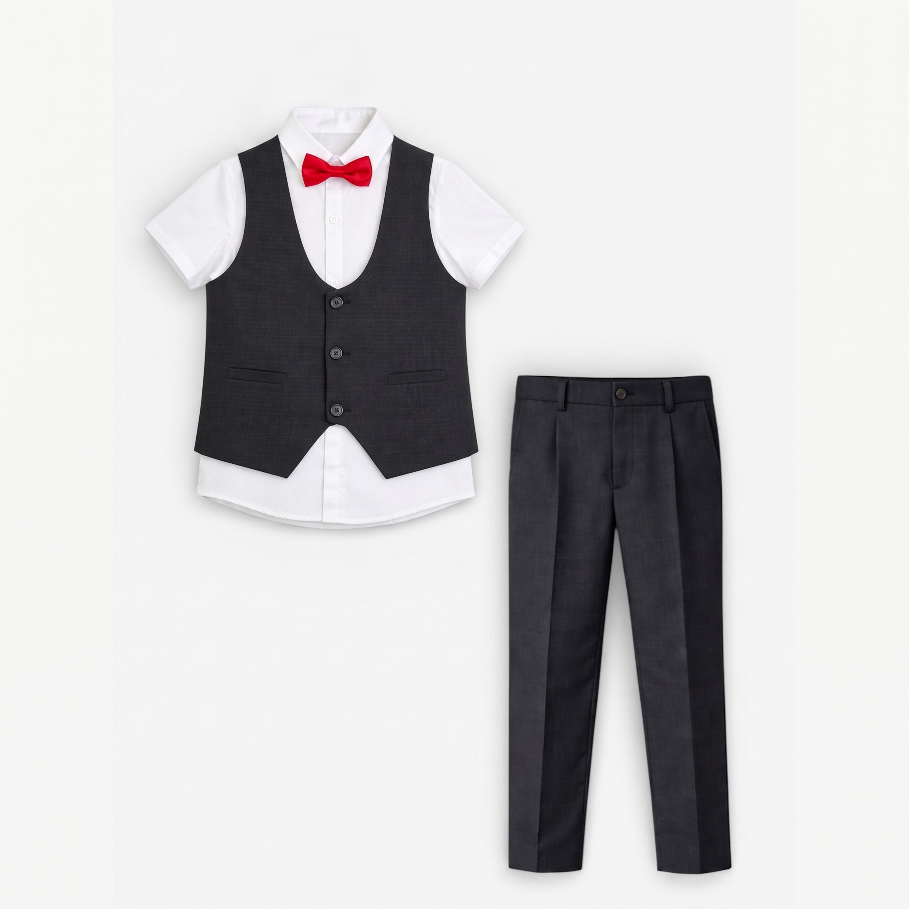 مجموعة من 4 قطع صدرية وقميص وبنطال مع فيونكة عنق للأولاد-boys-clothing-setsandcoords-image-2