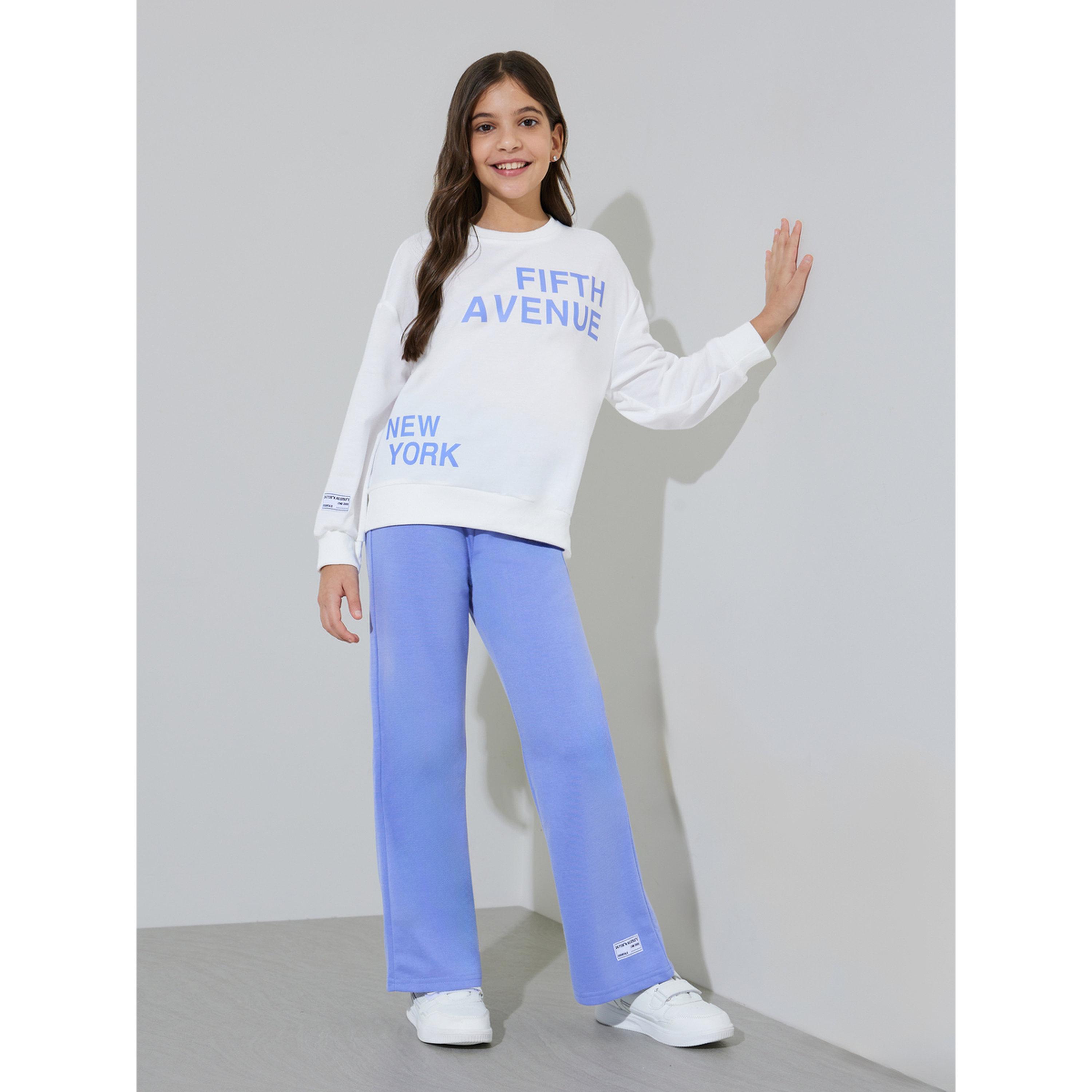 Styli Teen Girls Off White Graphic Print Sweatshirt and Blue Straight Leg Pants Set-girls-clothing-setsandcoords-image-1