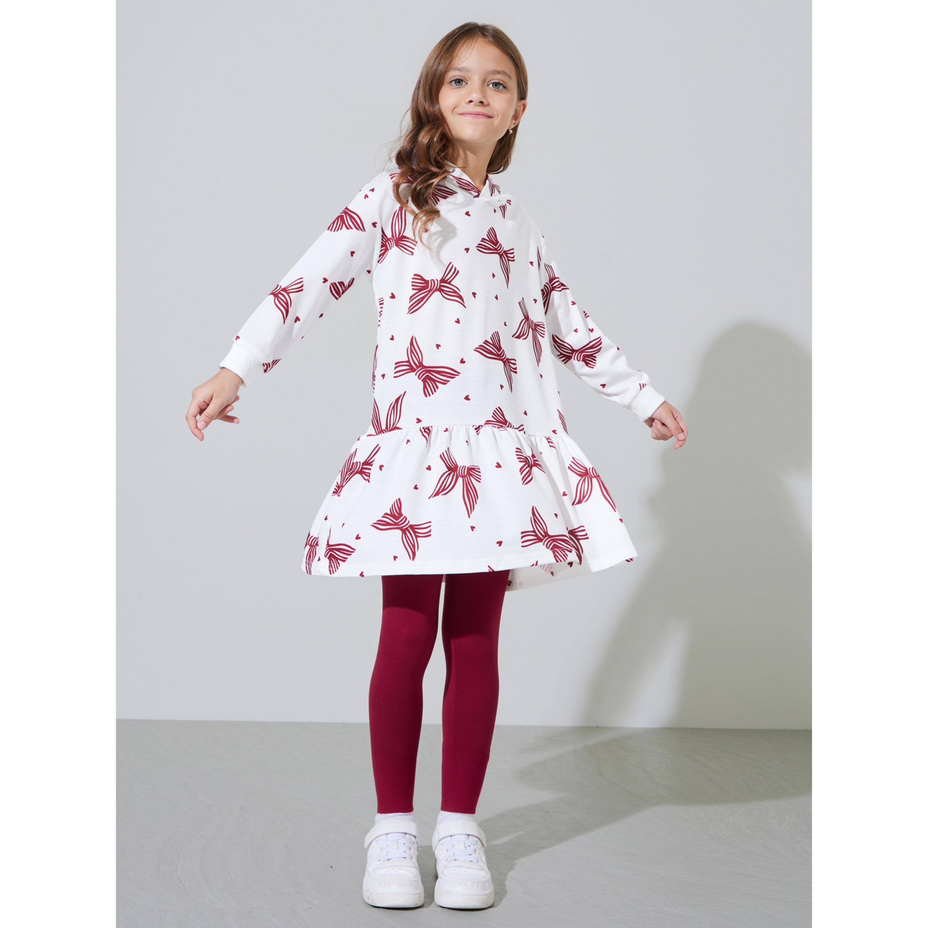 مجموعة من ليقنز عنابي سادة وفستان بقبعة ومطبوعات كاملة للبنات باللون أوف وايت-girls-clothing-setsandcoords-image-1