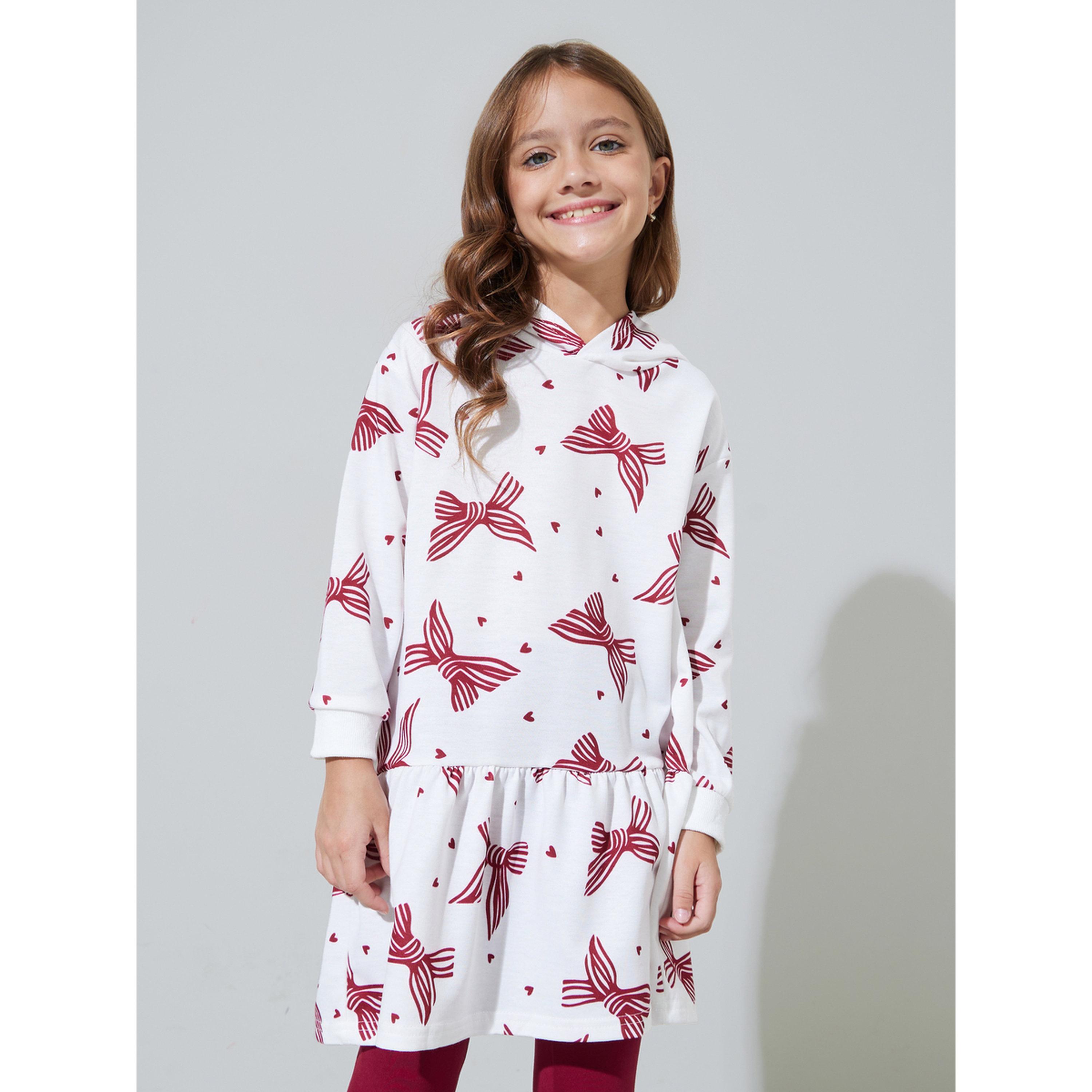 مجموعة من ليقنز عنابي سادة وفستان بقبعة ومطبوعات كاملة للبنات باللون أوف وايت-girls-clothing-setsandcoords-image-2