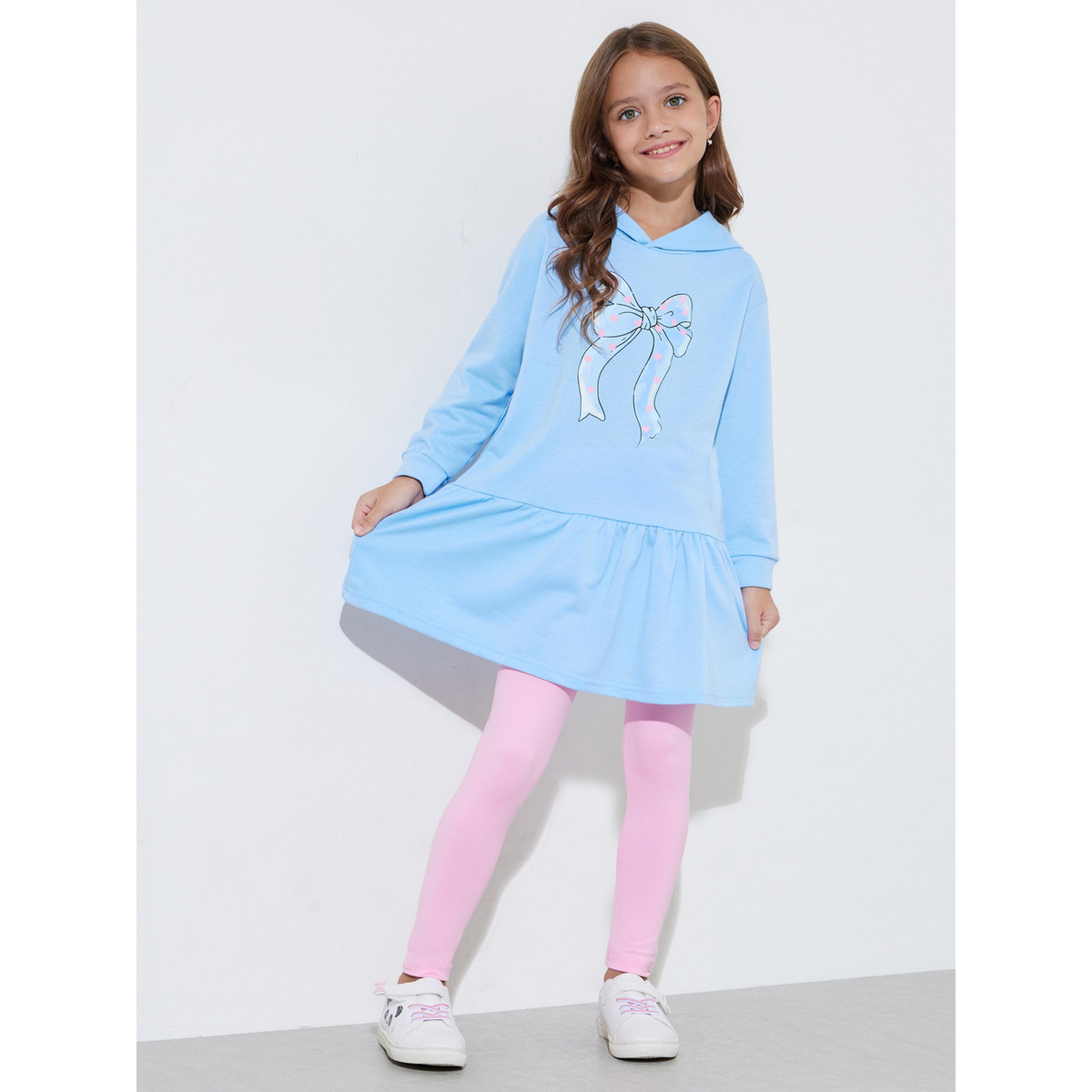 مجموعة من ليقنز وردي سادة وفستان أزرق بقبعة وطبعة فيونكة للبنات-girls-clothing-setsandcoords-image-1