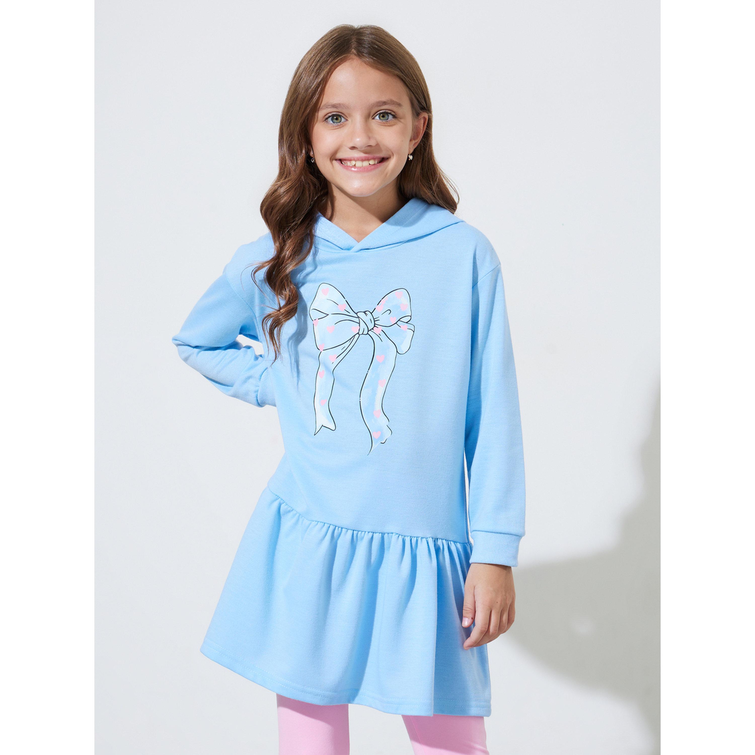 مجموعة من ليقنز وردي سادة وفستان أزرق بقبعة وطبعة فيونكة للبنات-girls-clothing-setsandcoords-image-2