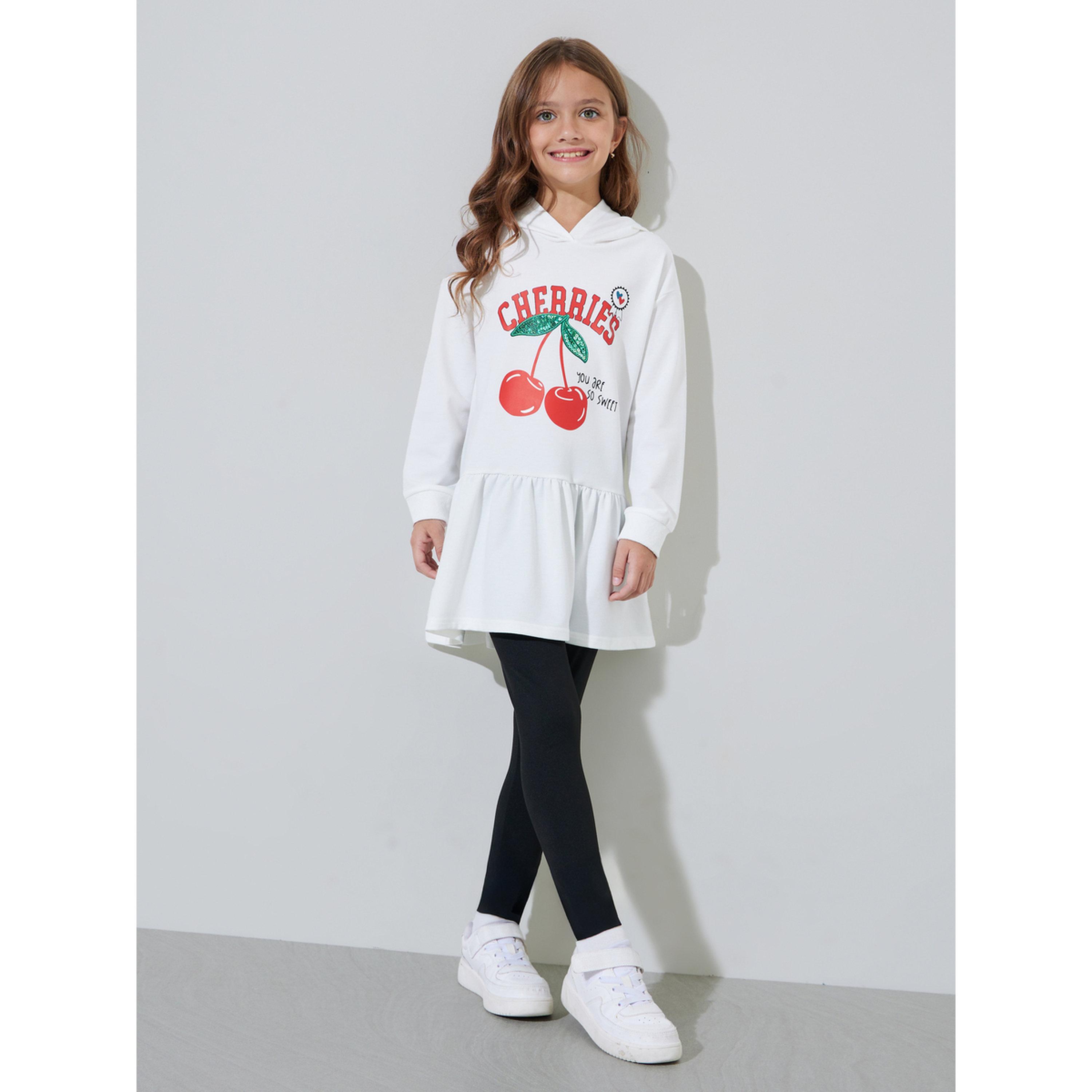 مجموعة من ليقنز أسود سادة وفستان أبيض بقبعة وطبعة جرافيك للبنات-girls-clothing-setsandcoords-image-1