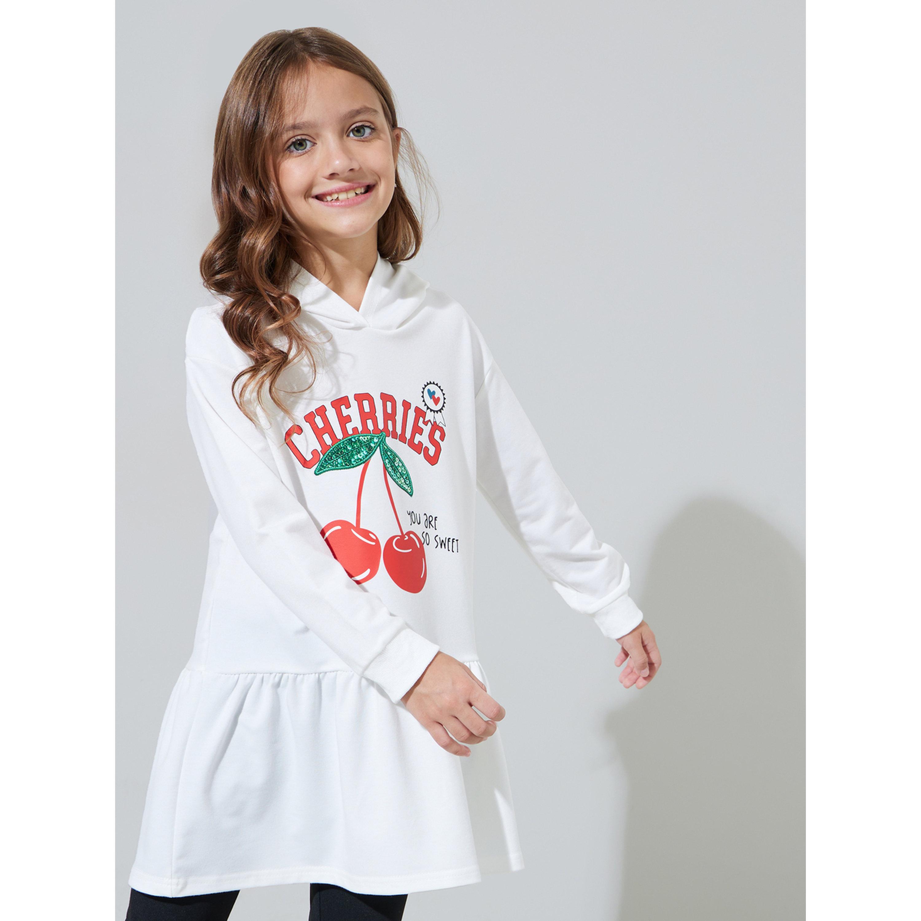 مجموعة من ليقنز أسود سادة وفستان أبيض بقبعة وطبعة جرافيك للبنات-girls-clothing-setsandcoords-image-2