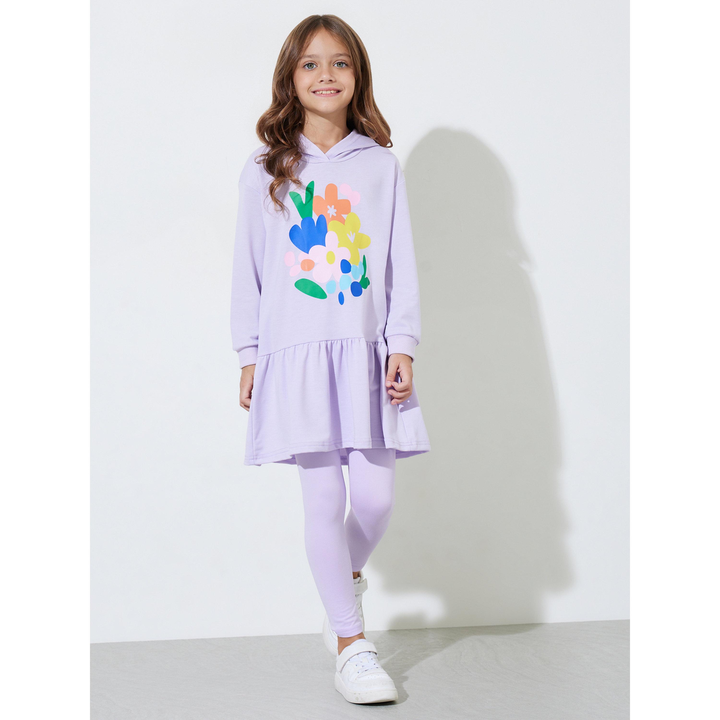 مجموعة من ليقنز وفستان بقبعة وطبعة زهور للبنات باللون اللافندر-girls-clothing-setsandcoords-image-1