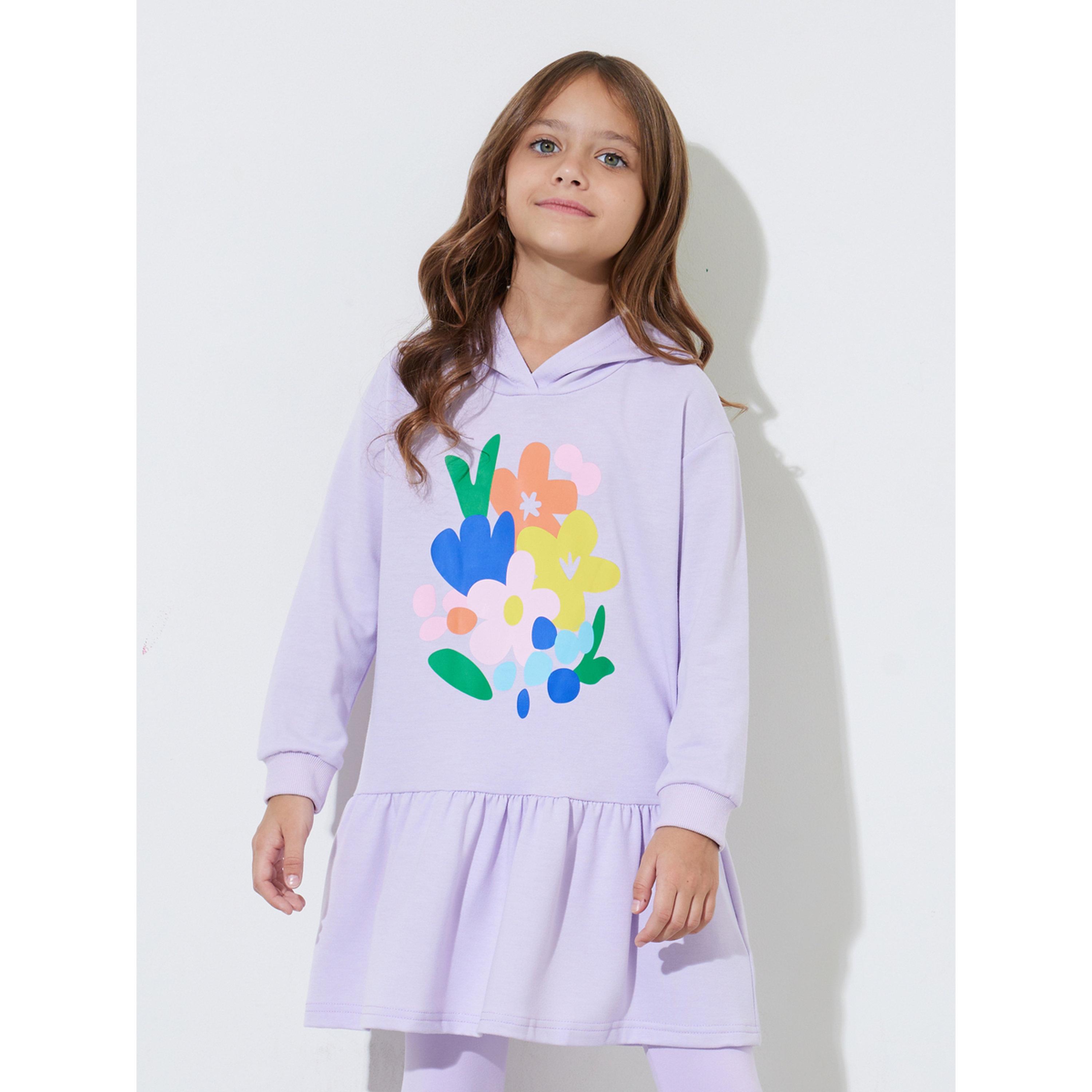 مجموعة من ليقنز وفستان بقبعة وطبعة زهور للبنات باللون اللافندر-girls-clothing-setsandcoords-image-2
