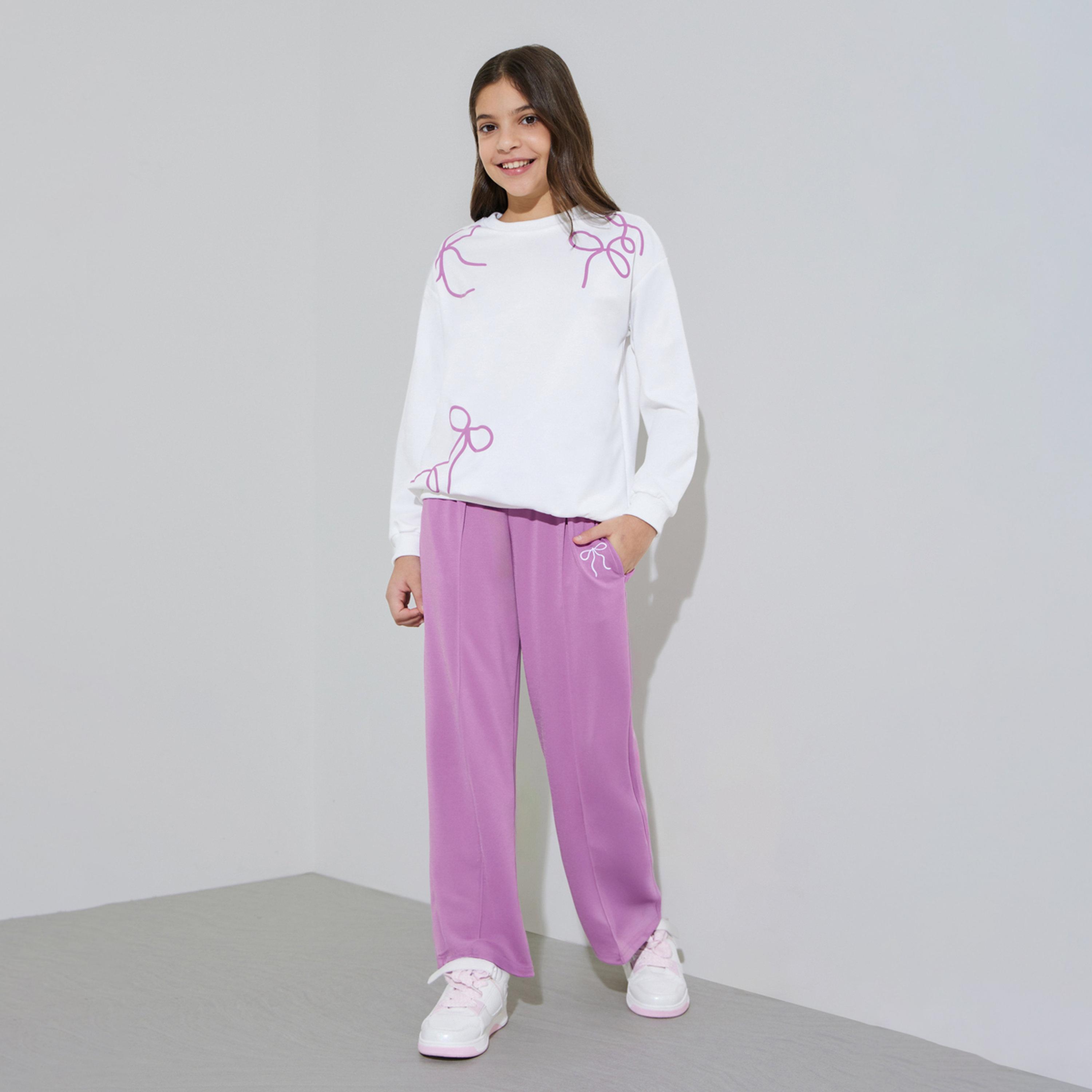 Styli Teen Girls Off White Bow Print Sweatshirt and Purple Pintuck Straight Leg Pants Set-girls-clothing-setsandcoords-image-1