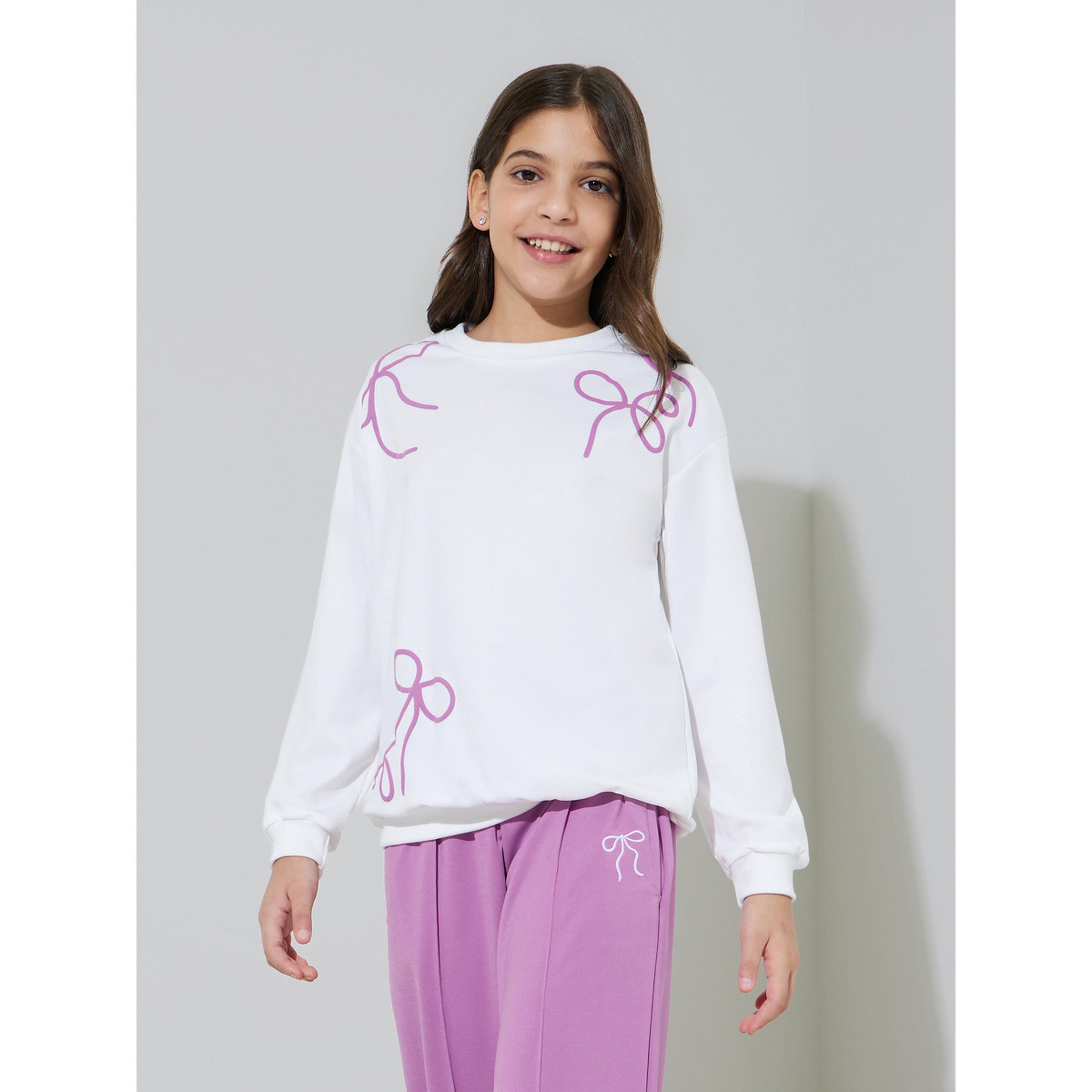 Styli Teen Girls Off White Bow Print Sweatshirt and Purple Pintuck Straight Leg Pants Set-girls-clothing-setsandcoords-image-2