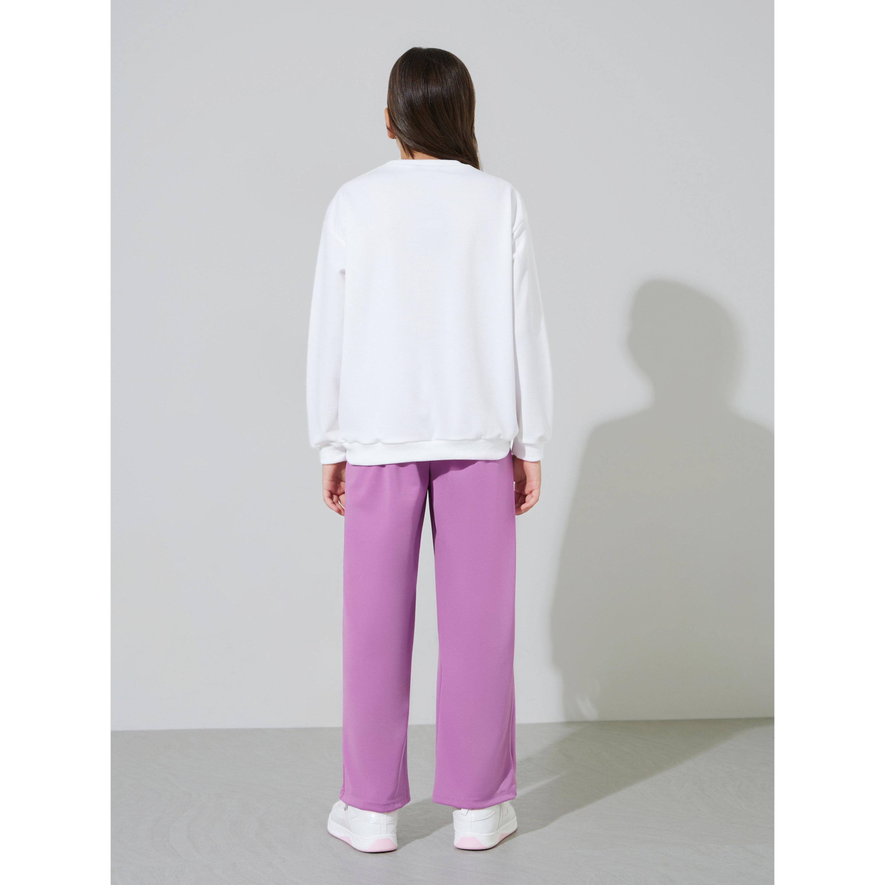 Styli Teen Girls Off White Bow Print Sweatshirt and Purple Pintuck Straight Leg Pants Set-girls-clothing-setsandcoords-image-3