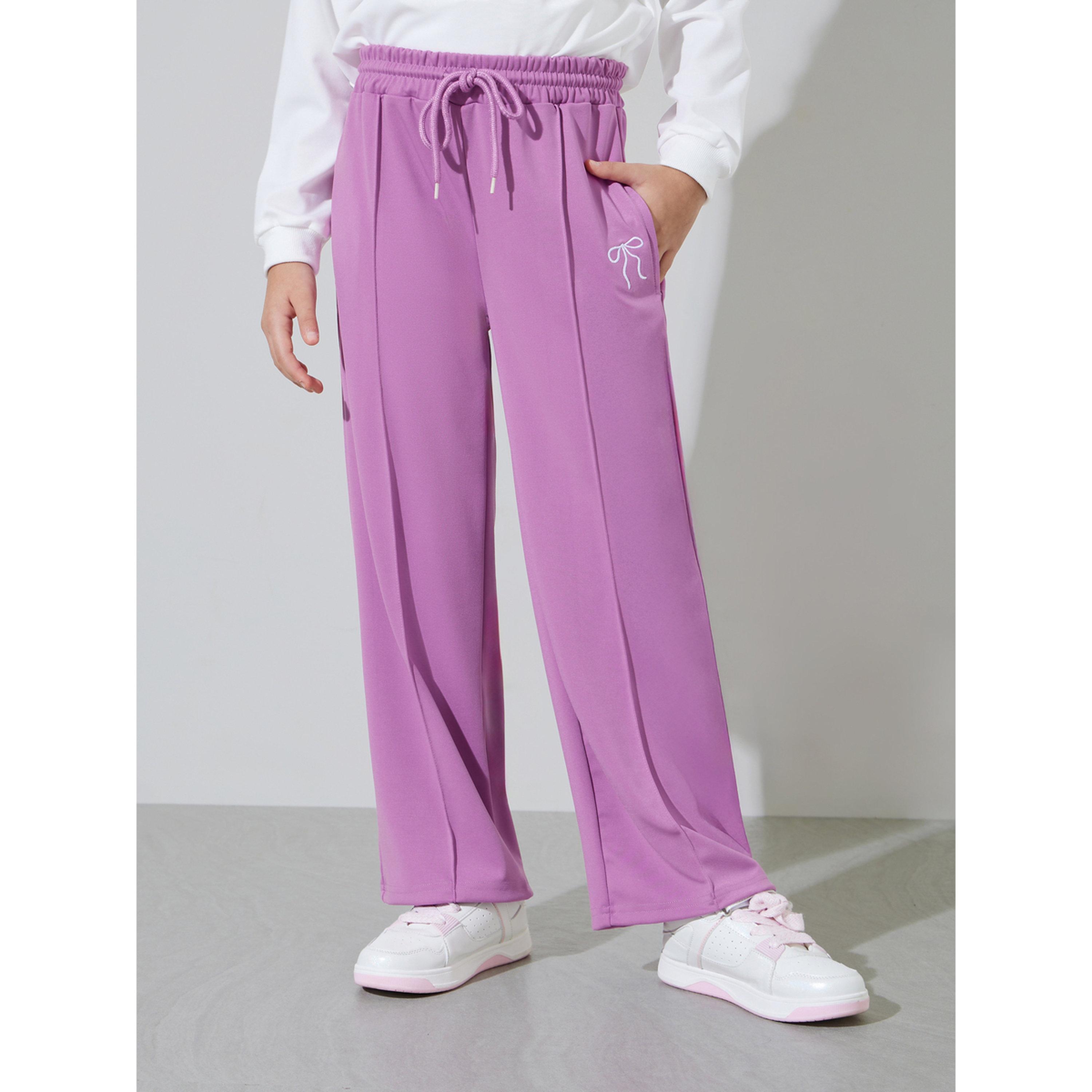Styli Teen Girls Off White Bow Print Sweatshirt and Purple Pintuck Straight Leg Pants Set-girls-clothing-setsandcoords-image-4