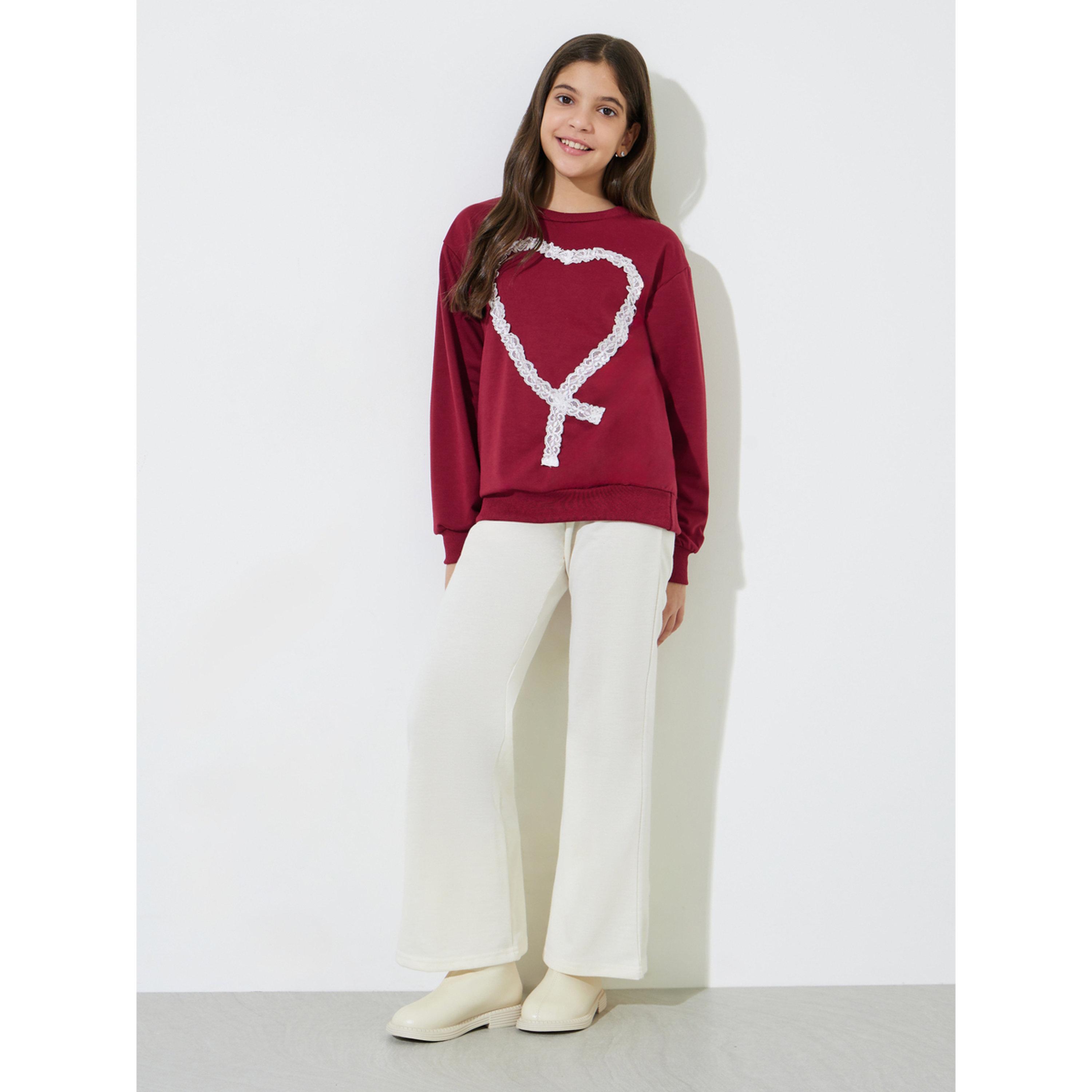 Styli Teen Girls Burgundy Lace Details Sweatshirt and Cream Straight Leg Pants Set-girls-clothing-setsandcoords-image-1