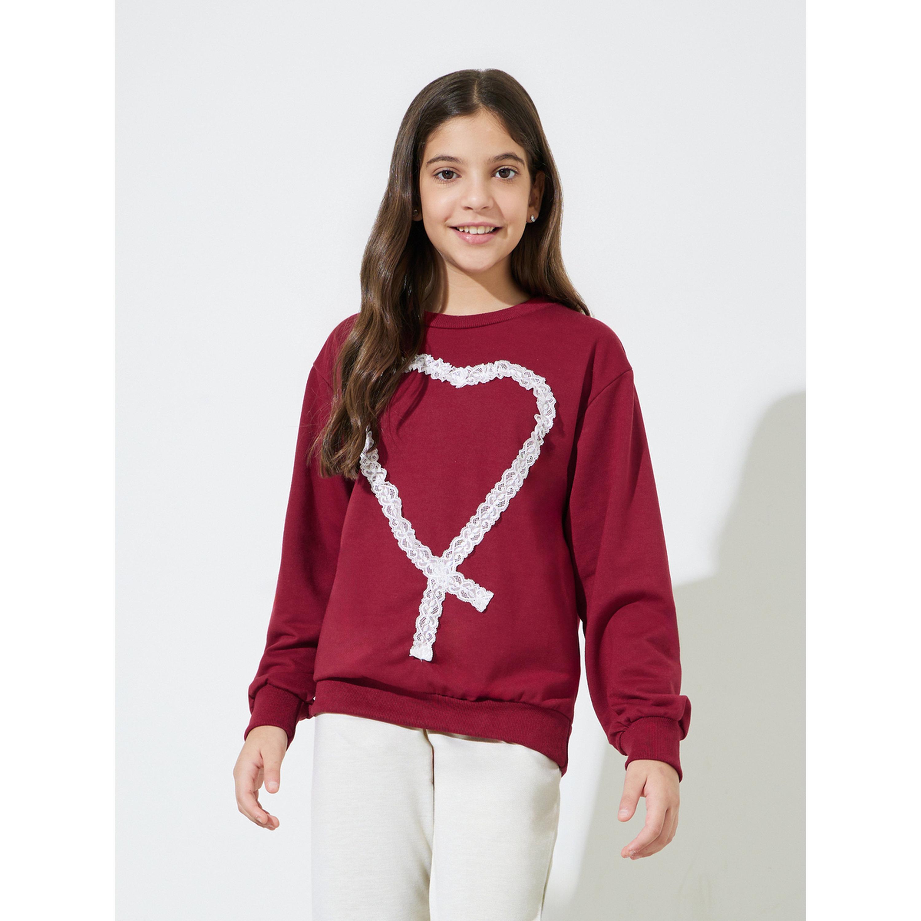 Styli Teen Girls Burgundy Lace Details Sweatshirt and Cream Straight Leg Pants Set-girls-clothing-setsandcoords-image-2