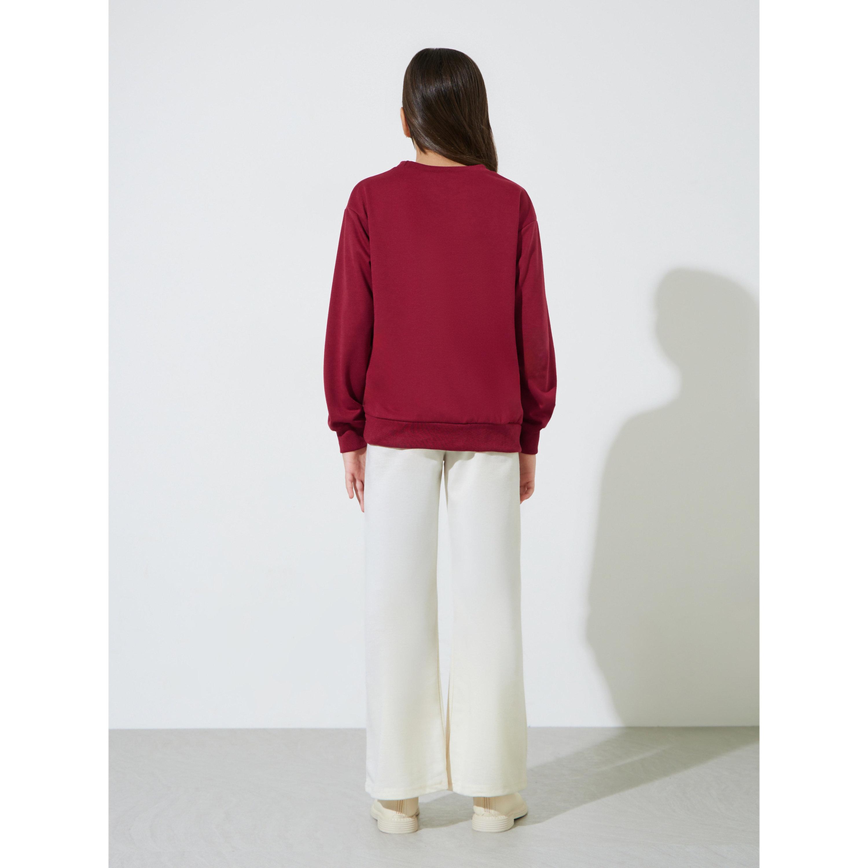 Styli Teen Girls Burgundy Lace Details Sweatshirt and Cream Straight Leg Pants Set-girls-clothing-setsandcoords-image-3
