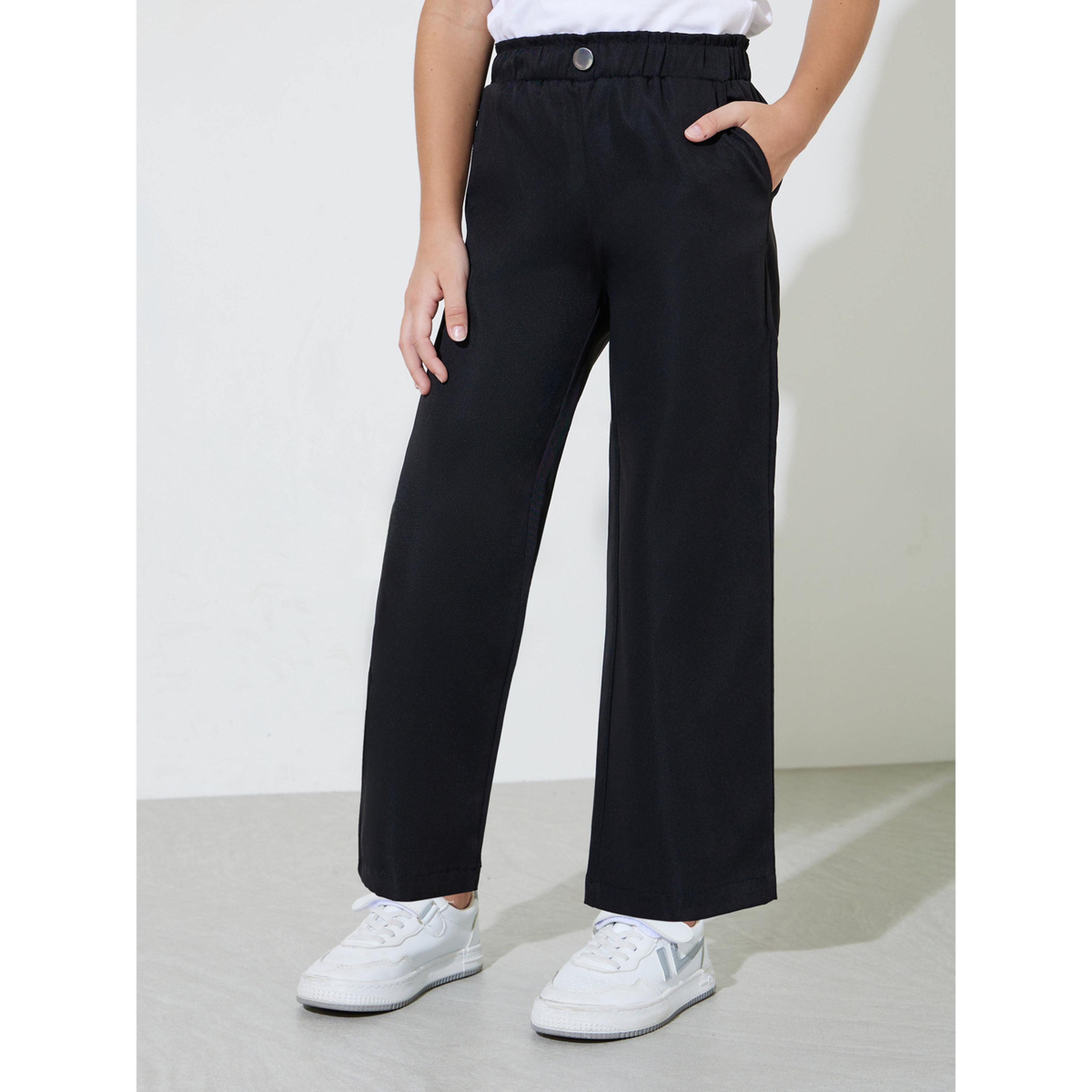 Styli Girls Black Solid Button Detail Wide Leg Trousers-girls-clothing-bottoms-joggersandtrackpants-image-1