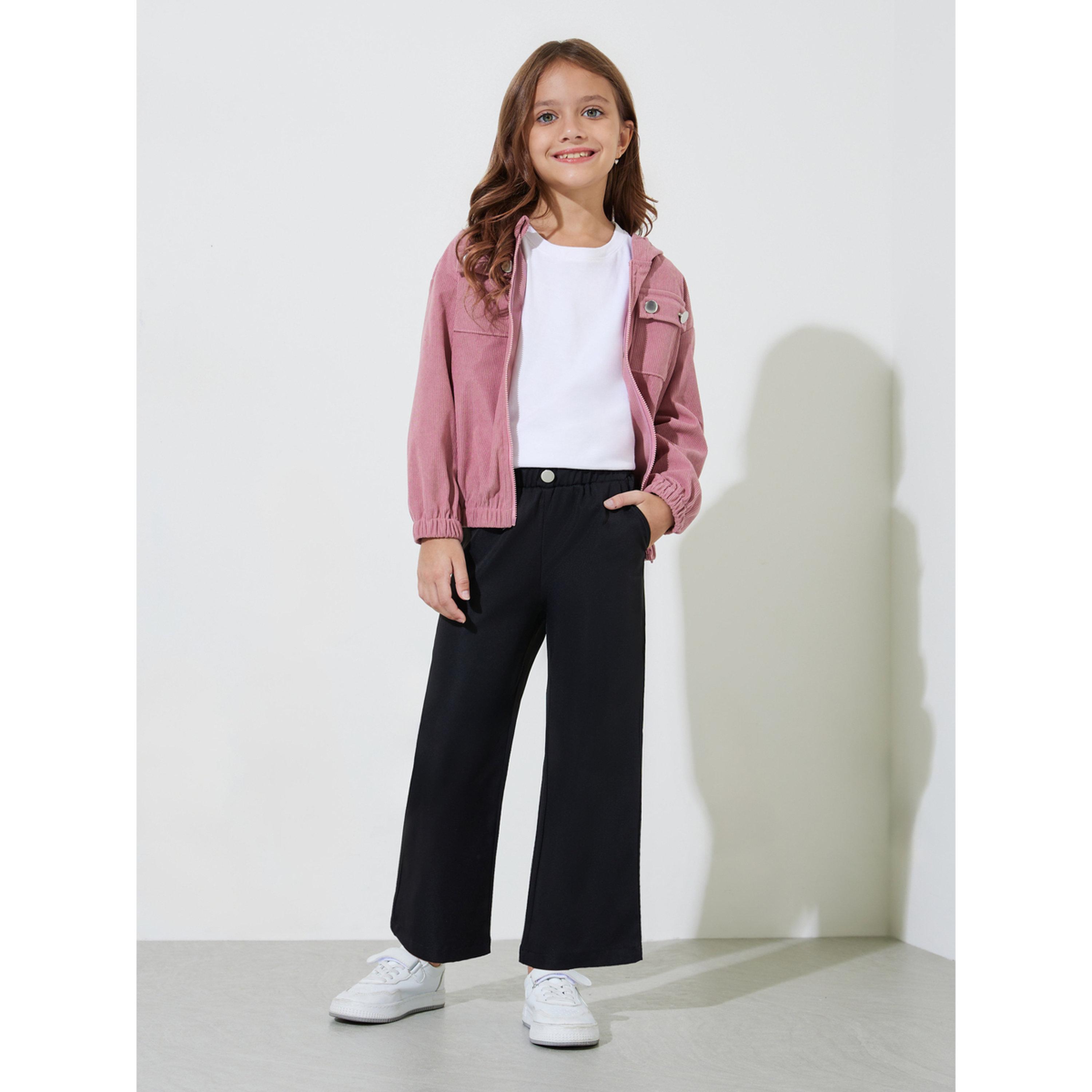 Styli Girls Black Solid Button Detail Wide Leg Trousers-girls-clothing-bottoms-joggersandtrackpants-image-2