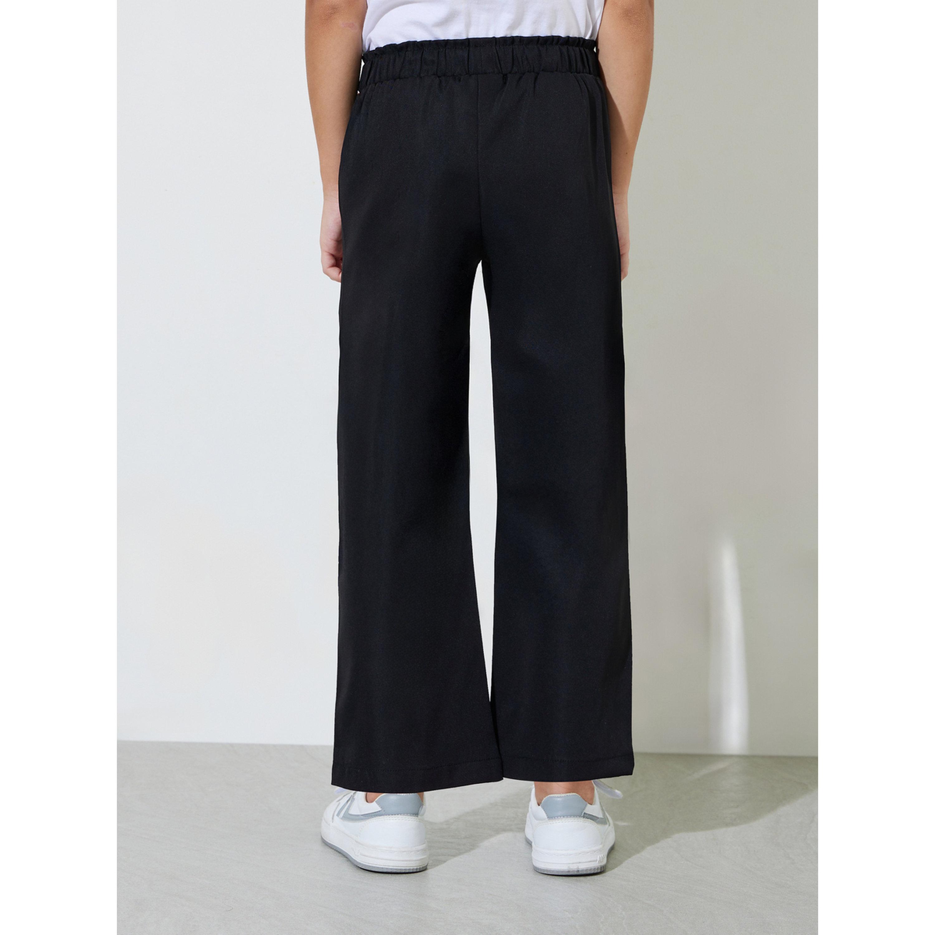 Styli Girls Black Solid Button Detail Wide Leg Trousers-girls-clothing-bottoms-joggersandtrackpants-image-4