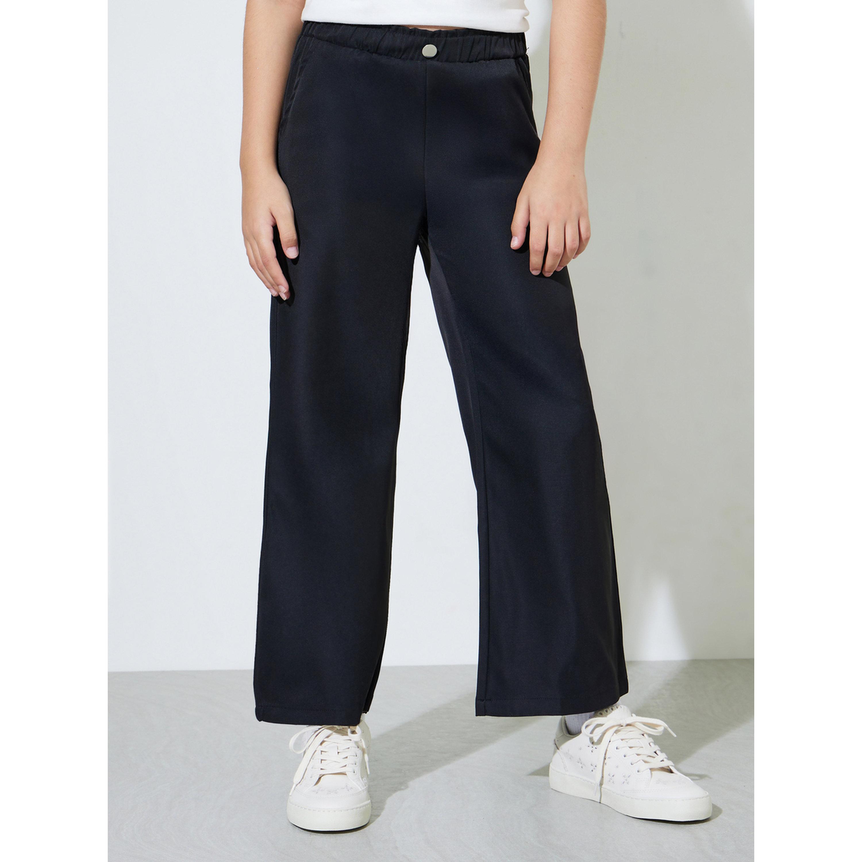 Styli Teen Girls Black Solid Wide Leg Casual Trousers-girls-clothing-bottoms-trousers-image-1
