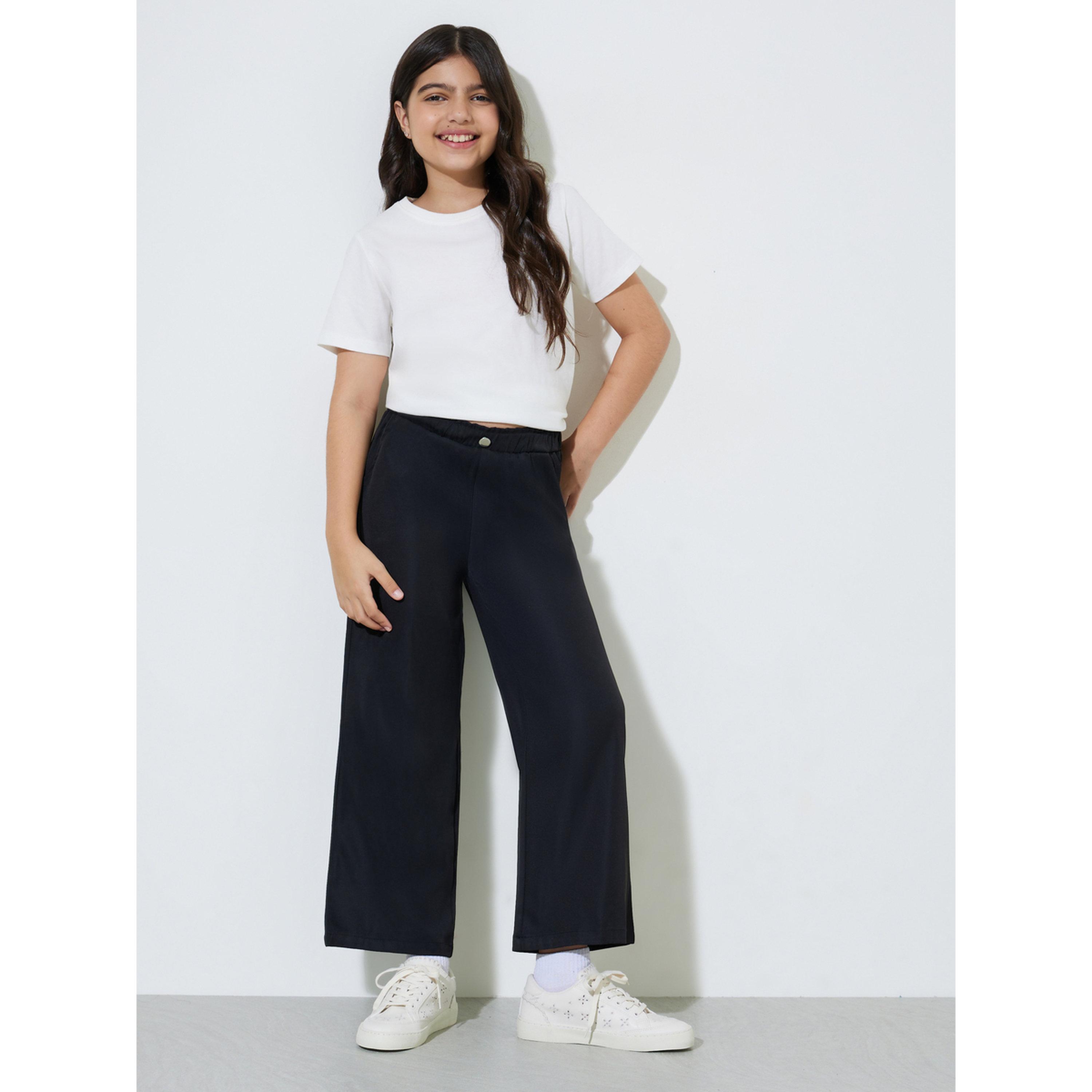 Styli Teen Girls Black Solid Wide Leg Casual Trousers-girls-clothing-bottoms-trousers-image-2