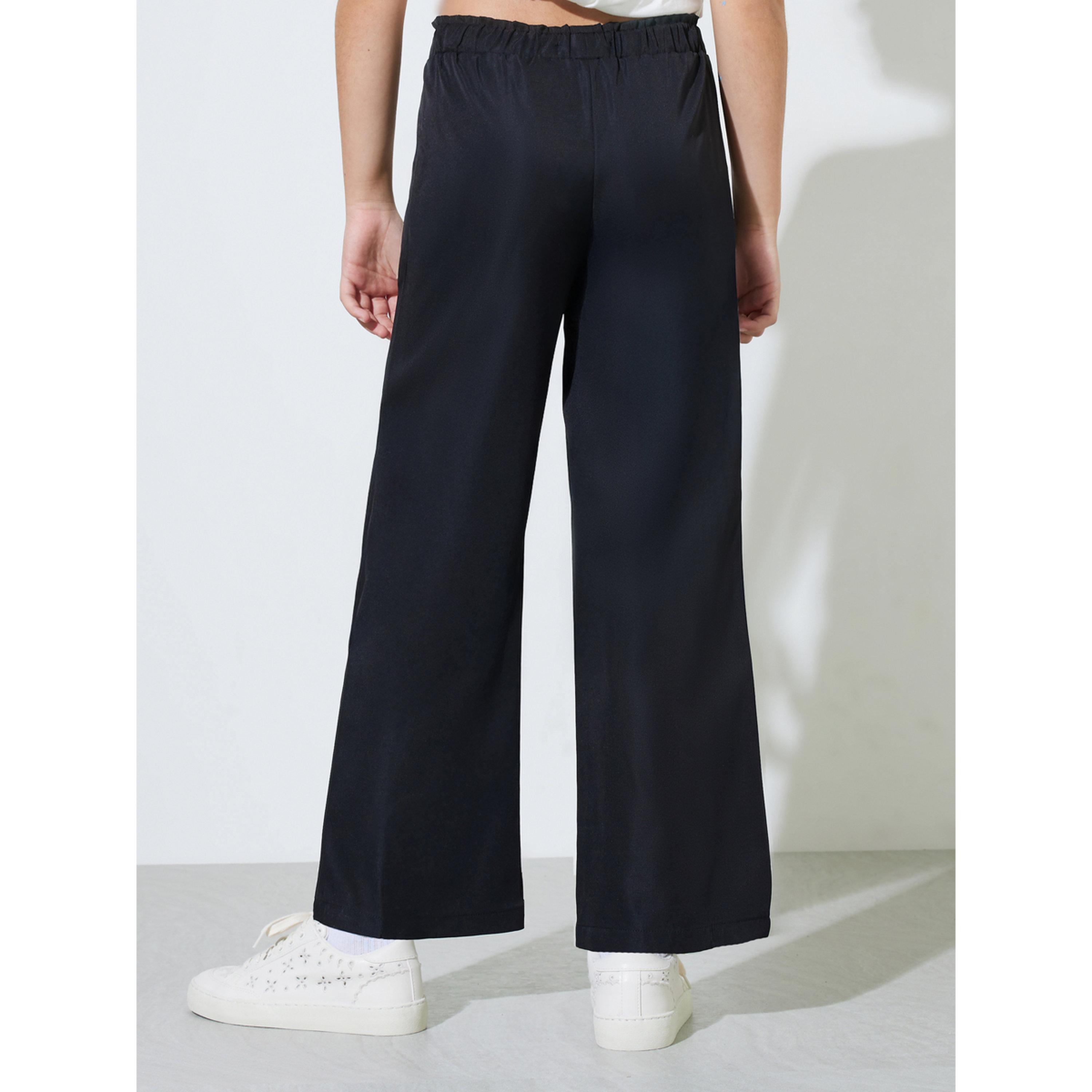Styli Teen Girls Black Solid Wide Leg Casual Trousers-girls-clothing-bottoms-trousers-image-4