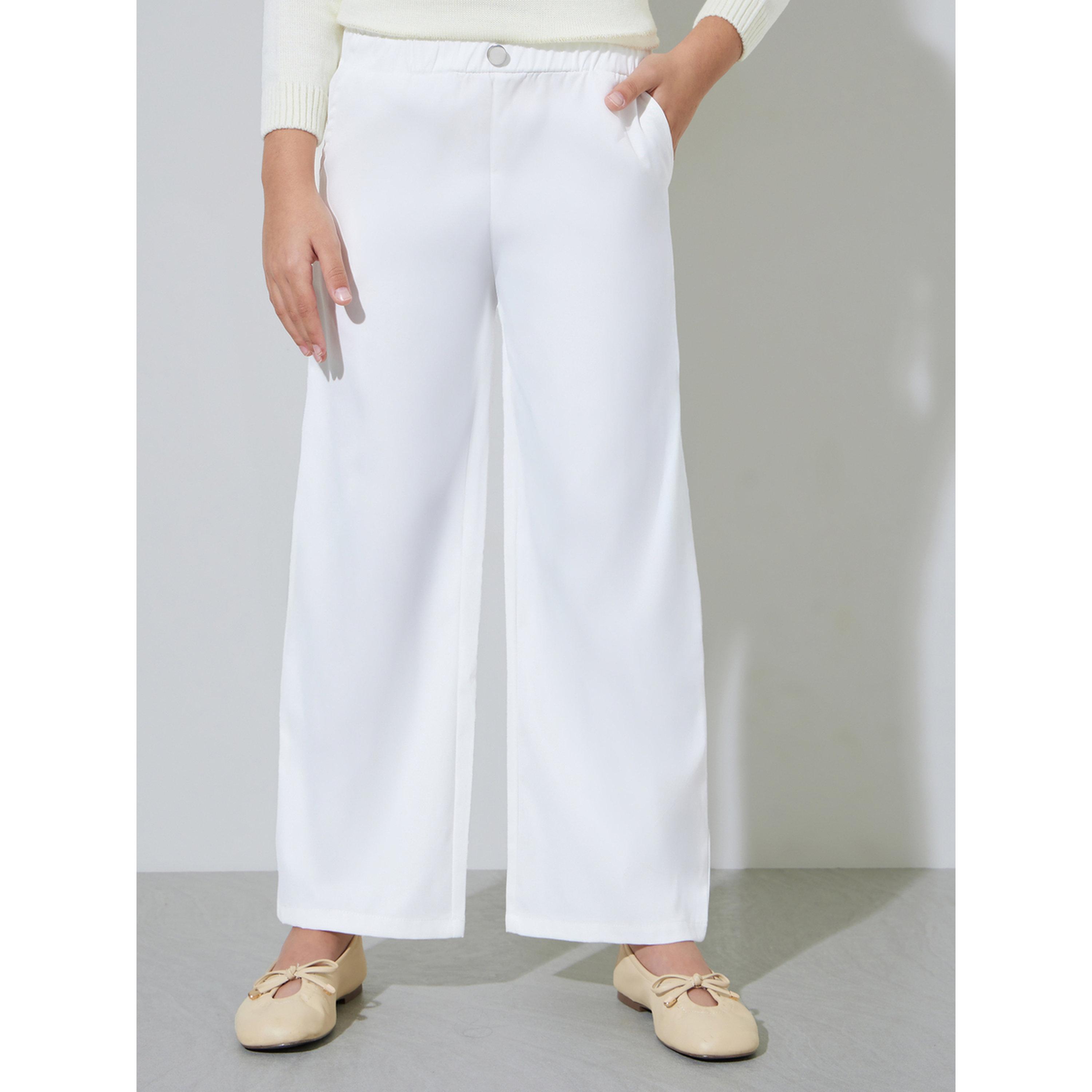 Styli Teen Girls Off White Solid Wide Leg Casual Trousers-girls-clothing-bottoms-trousers-image-1