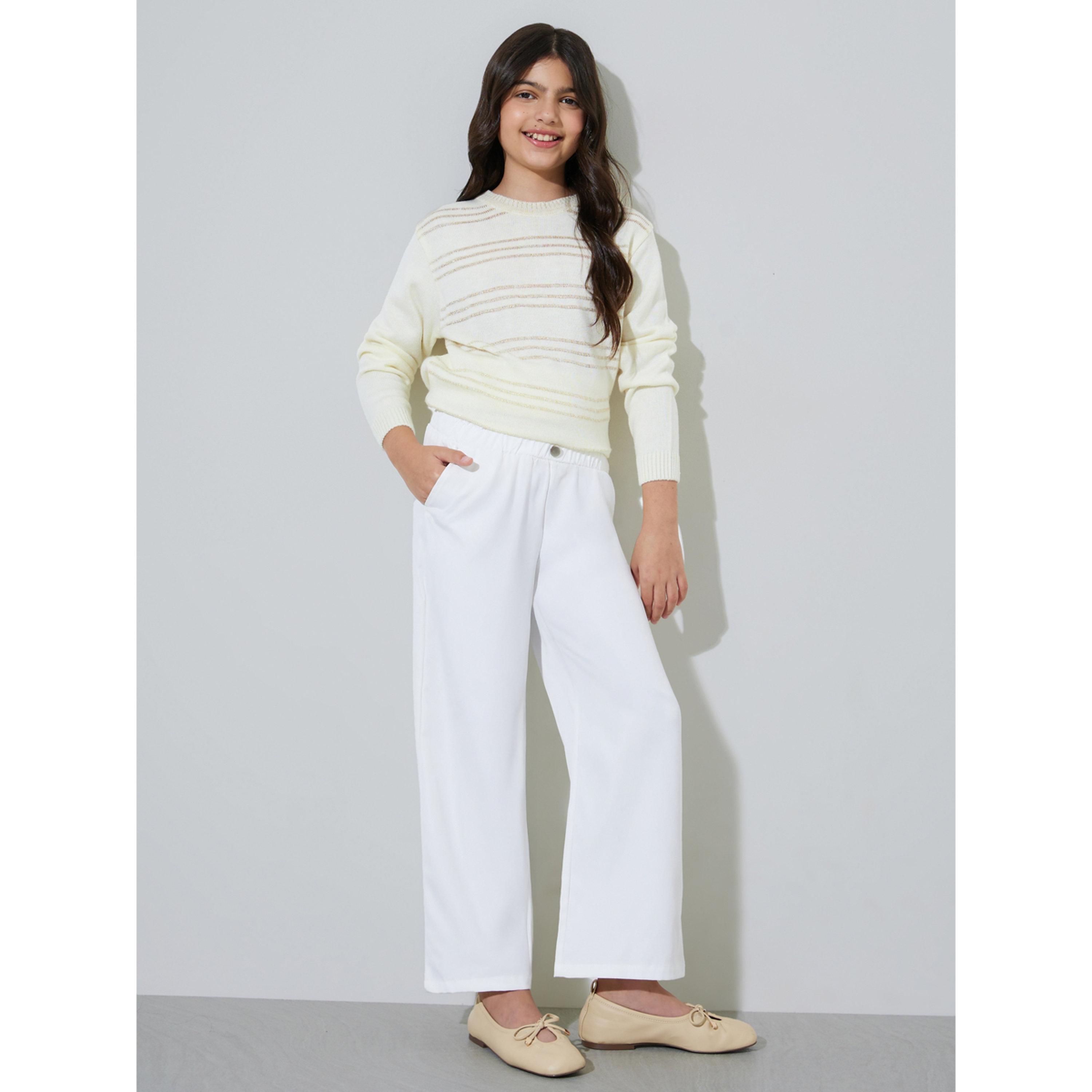 Styli Teen Girls Off White Solid Wide Leg Casual Trousers-girls-clothing-bottoms-trousers-image-2